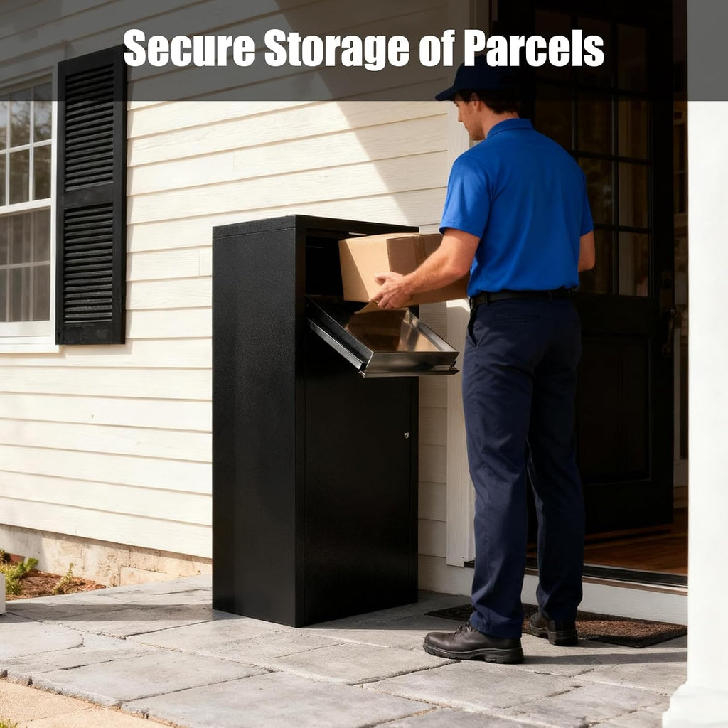 Package Delivery Box, Outside Curbside Mailbox, 0.8mm Thickness Large Anti-Theft Boxes Edges Without Burrs Carbon Steel Mailbox w/2 Keys, Black(Floor Standing)
