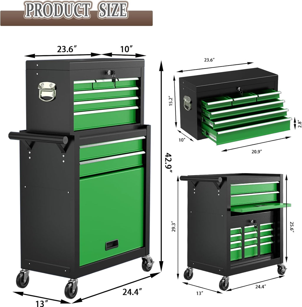 8 Drawer Tools Chest,42.9 inch Tool Cabinet with Universal Lockable Wheels，Organizable Tool Box with Detachable Top Box for Workshop，Blackgreen