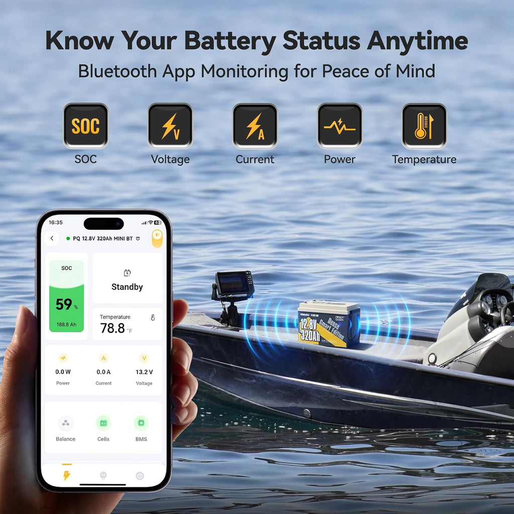 Power Queen 12V 320Ah Mini Bluetooth LiFePO4 Battery, 15000+ Deep Cycles Smart Lithium Battery with Low-Temp Protection, 4.096kWh High Energy for RV,Travel Trailer,Marine,Solar