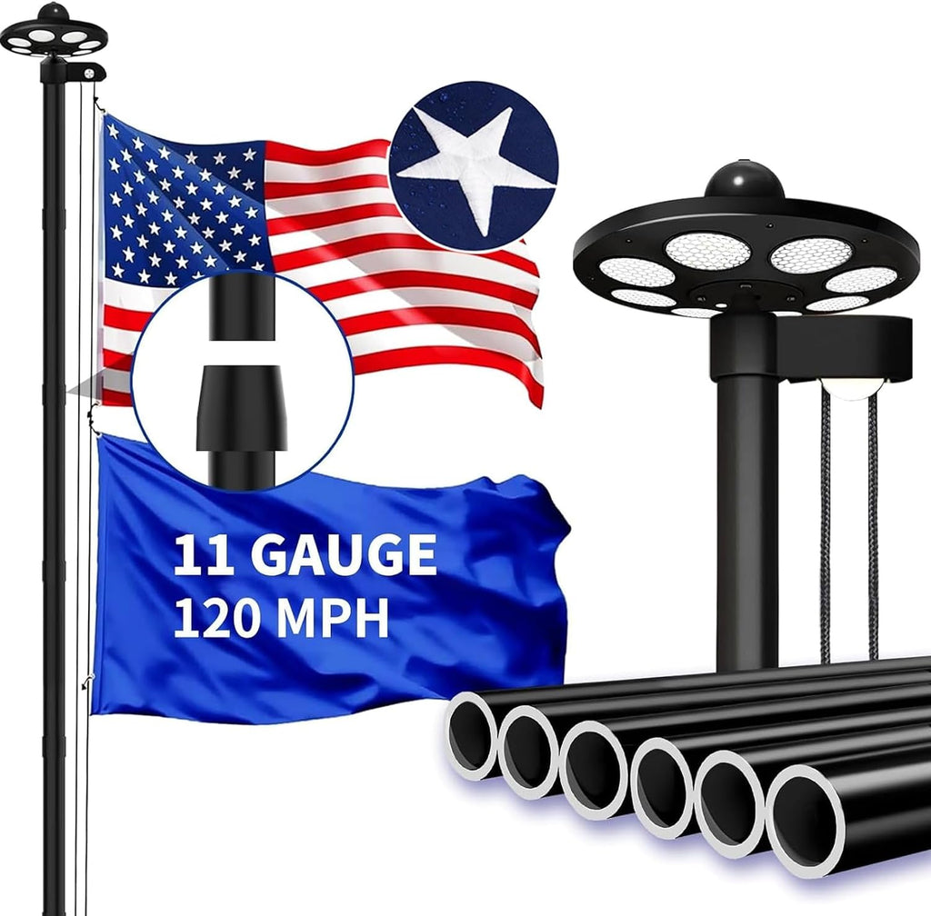 MXQMKL 11 Gauge Heavy Duty Flag Pole Kit with Solar Light,25FT Flagpoles for Outside House in Ground Extra Thick Outdoor Flag Pole with 3x5 American Flag with Pole for Outside,120 MPH Wind Tested