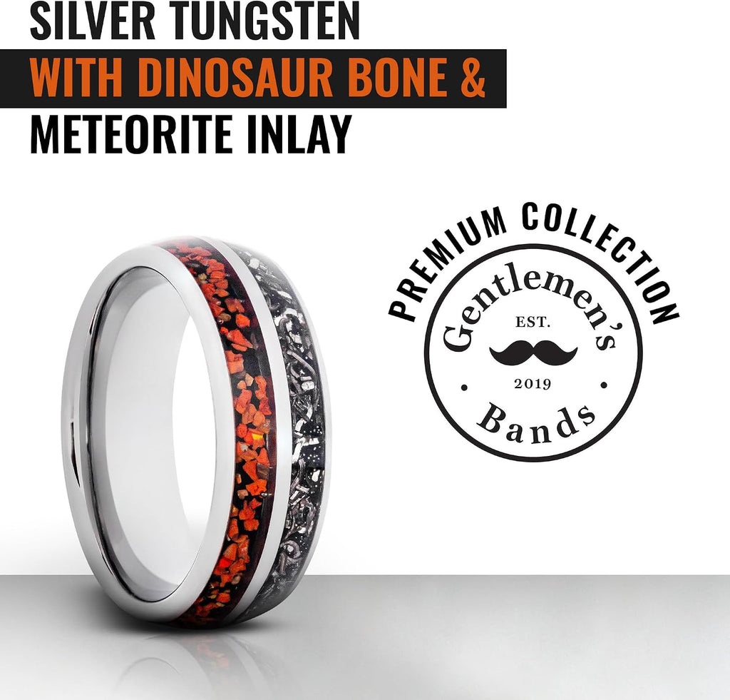Gentlemen's Bands Premium Silver Tungsten Wedding Band with Dinosaur Bone & Meteorite Inlay | Wedding Ring Is Ideal Gift | Package Includes Silicon Band, Walnut Ring Box, Leather Pouch