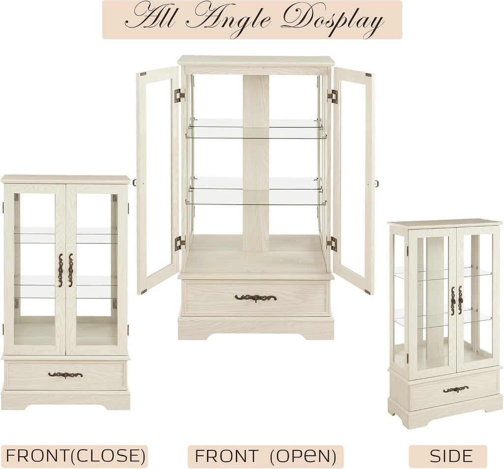 47' Lighted Glass Accent Curio Cabinet, 3-Tier Antique Storage Cage with Adjustable Shelves & Drawer, Acrylic Mirrored Pane, Light Blub Included, Small China Cabinet for Living Room (Antiqe White)
