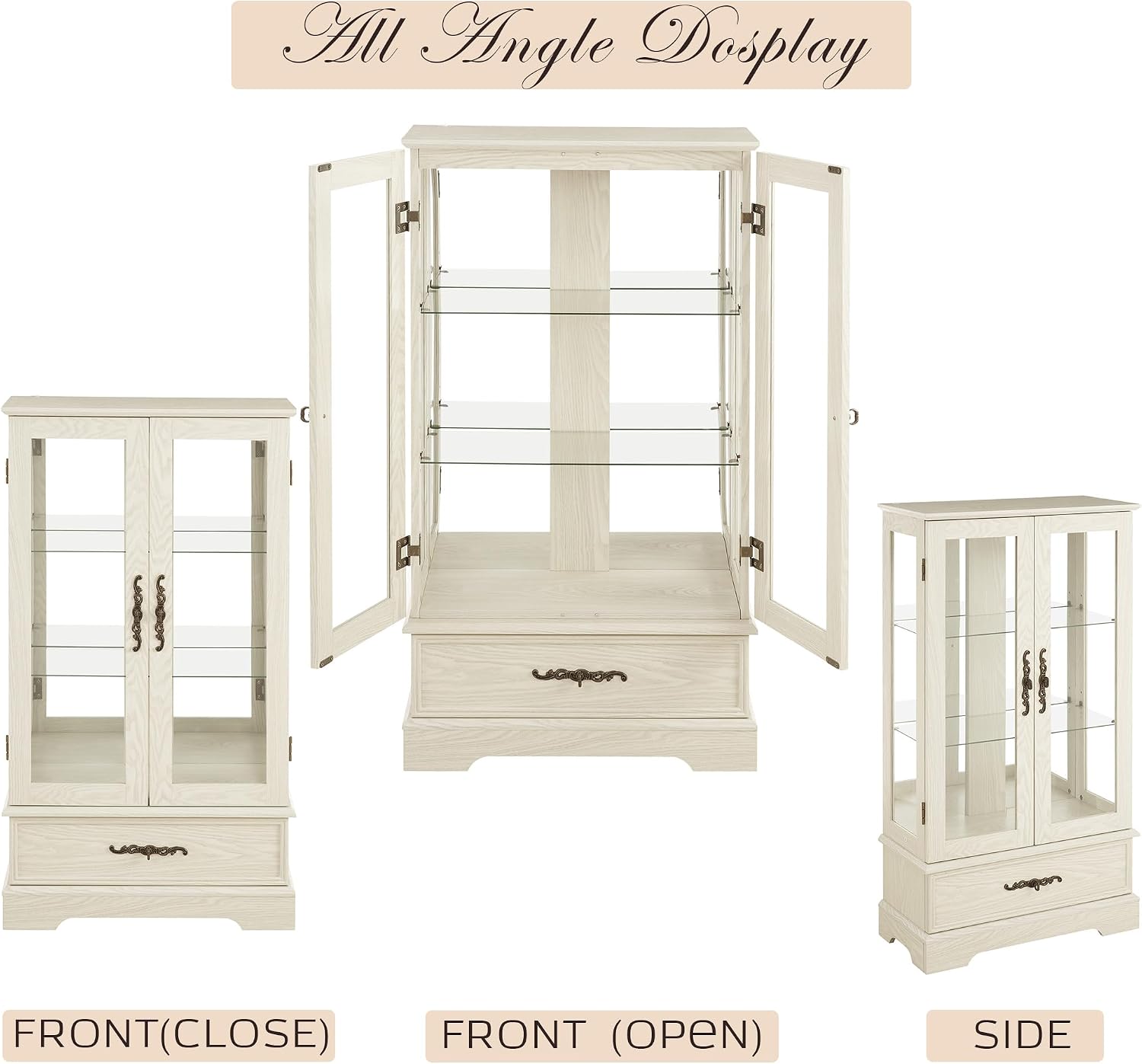 47' Lighted Glass Accent Curio Cabinet, 3-Tier Antique Storage Cage with Adjustable Shelves & Drawer, Acrylic Mirrored Pane, Light Blub Included, Small China Cabinet for Living Room (Antiqe White)