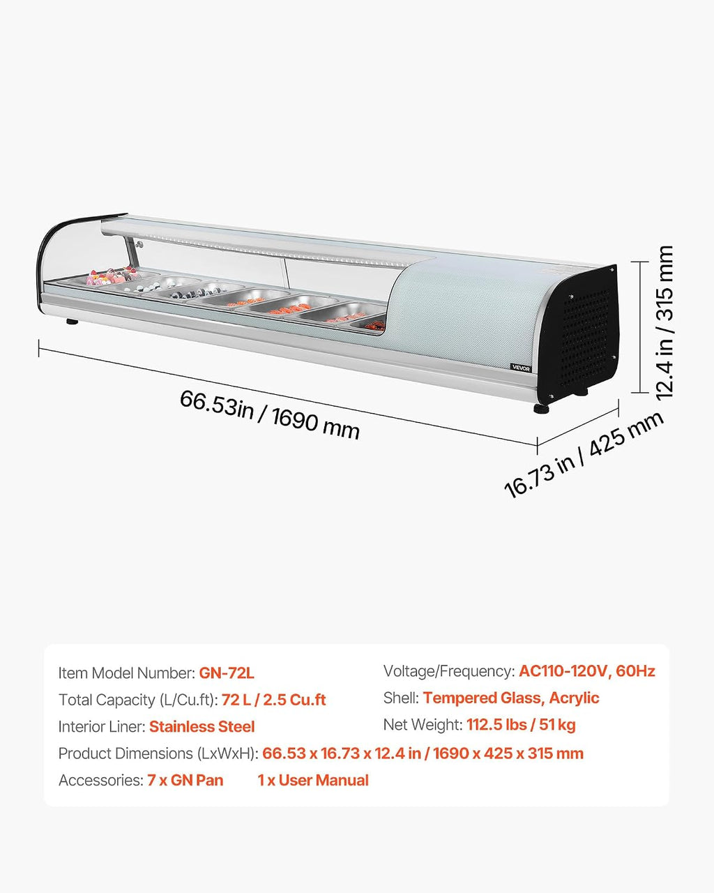 VEVOR Sushi Display Case Refrigerator, 2.5 Cu.ft Commercial Sushi Case, 7-Pan Countertop Showcase with Curved Glass, LED Lighting, and Digital Temperature Control, for Sushi-Bar, Restaurant, Store