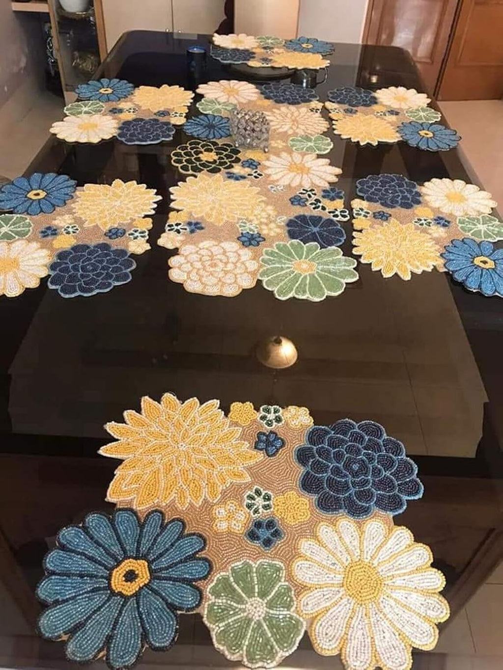 HM Creations Multicolor Table Runner Beaded Table Runner, Floral Summer Table Runner and Mats 13X36 Inch Beaded Multicolor Floral Table Runner for Center Table, Dinning Decoration. (6 Place Mats)