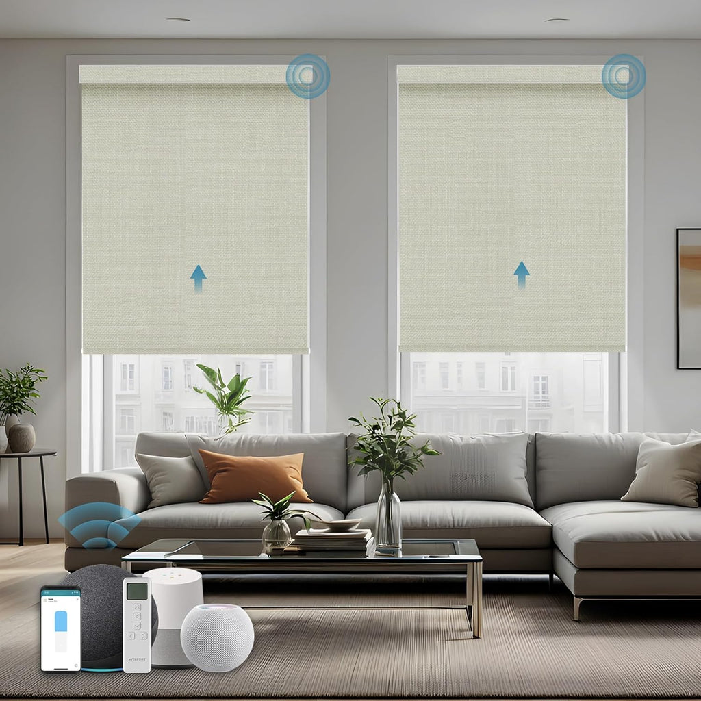 Motorized Roller Shade, 100% Blackout Smart Window Blinds Work with Homekit, Alexa, Google Home, Remote Control, Electric Blinds with USB/Solar Pannel Charging, Gentle Cream