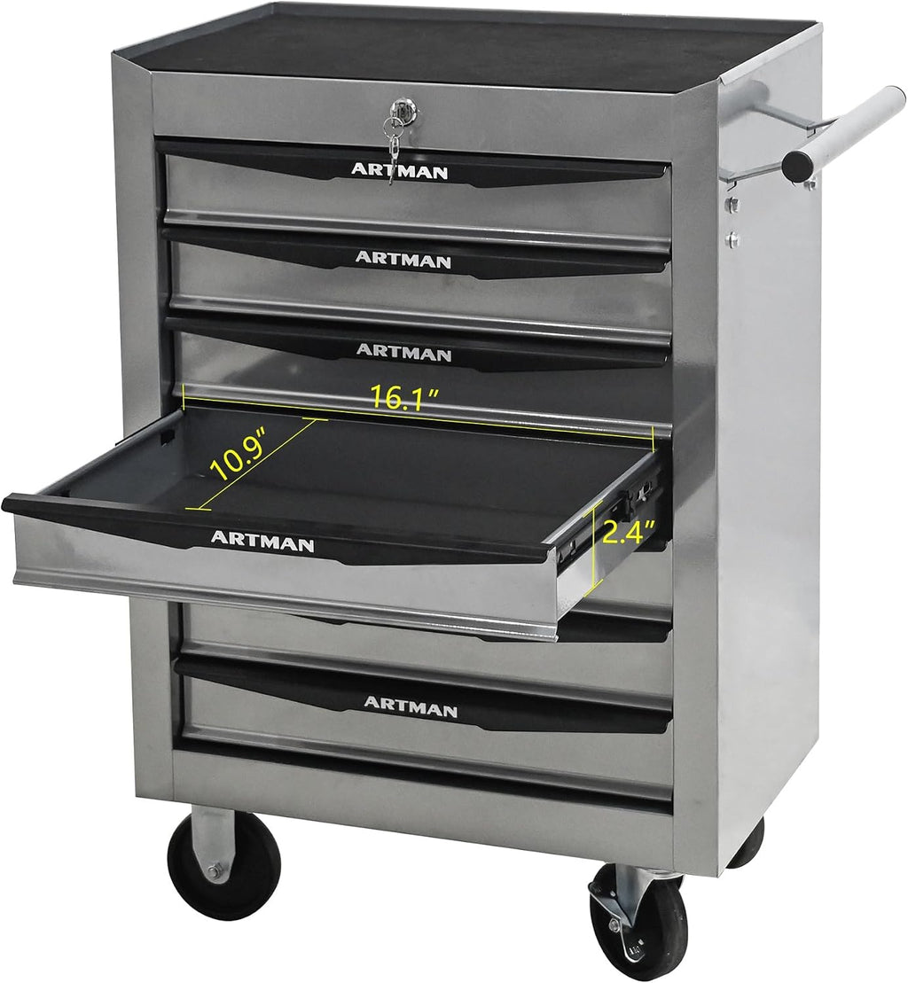 Rolling Metal Tool Chest with 7 Drawers – 20' Steel Tool Storage Box Organizer with Ball Bearing Slides & Lockable Mobile Cabinet on Wheels(Silver)