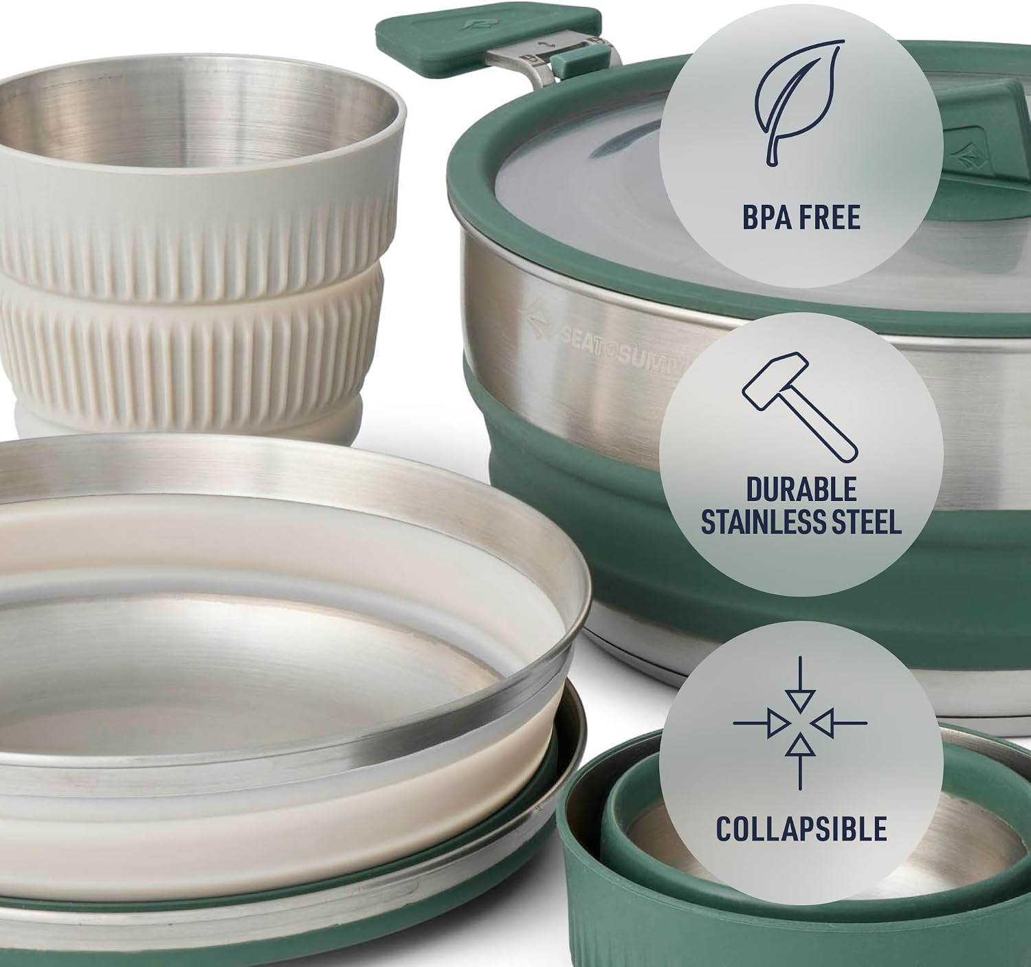 Sea to Summit Detour Stainless Steel One Pot Cook Set for Two (3 Liter Pot, 2 Large Bowls, 2 Mugs)