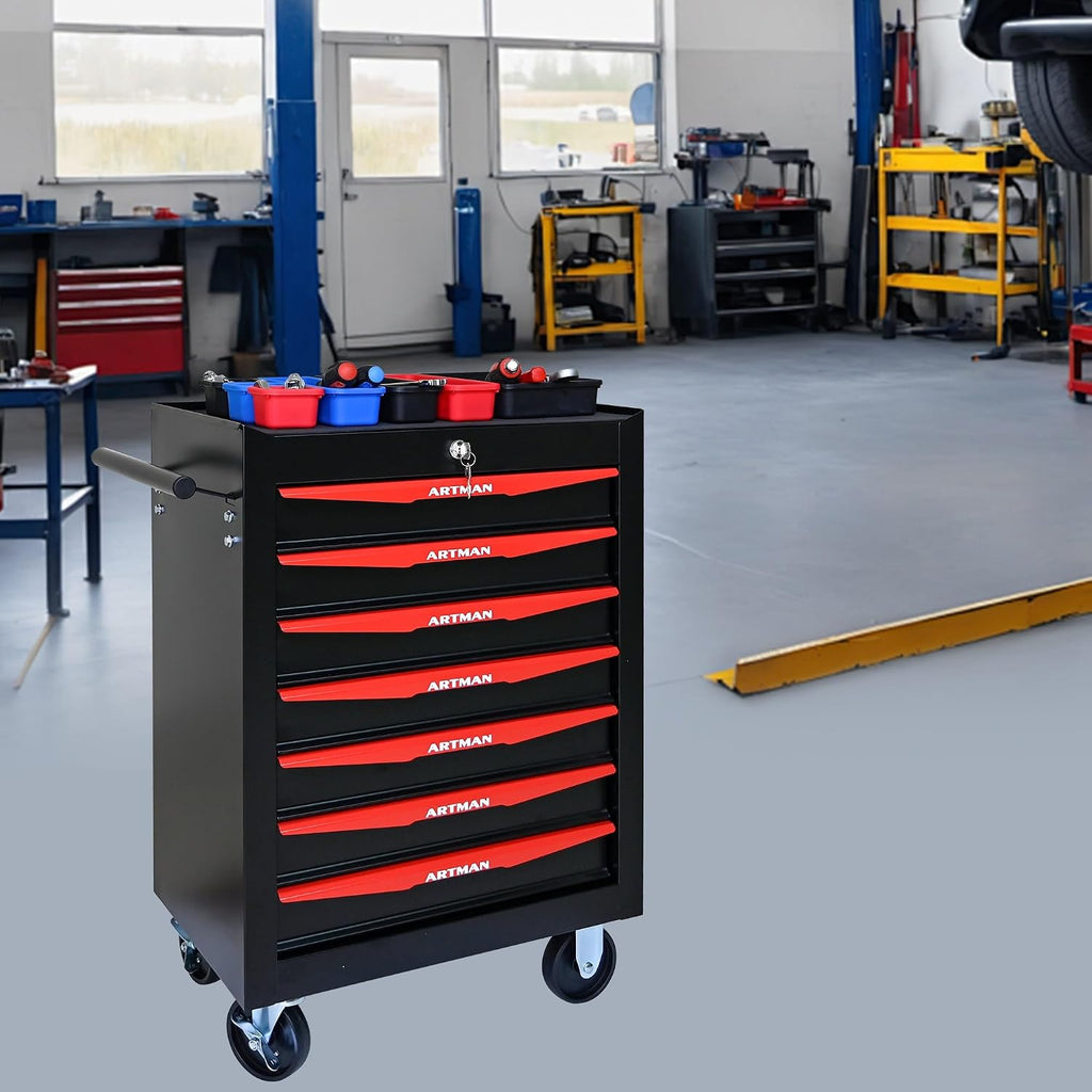 Rolling Metal Tool Chest with 7 Drawers – 20' Steel Tool Storage Box Organizer with Ball Bearing Slides & Lockable Mobile Cabinet on Wheels(Black+Red)