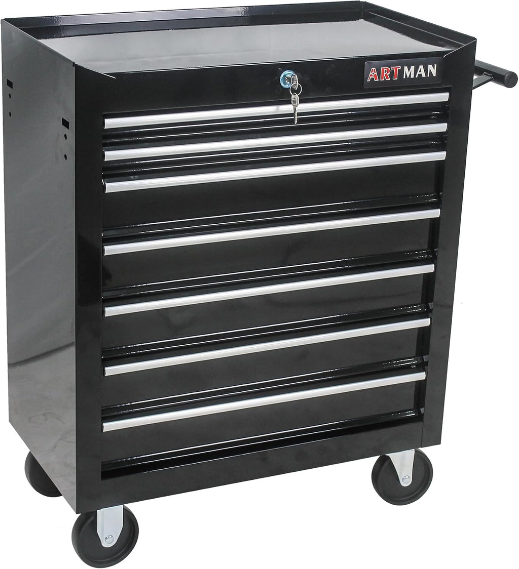 7-Drawer Tool Cart on Wheels, Drawers Rolling Tool Chest with Key Lock, Mobile Trolley Organizer Tools Box with Locking Wheels & Ball Bearing Drawers for Garage,Repair Shop (Black)