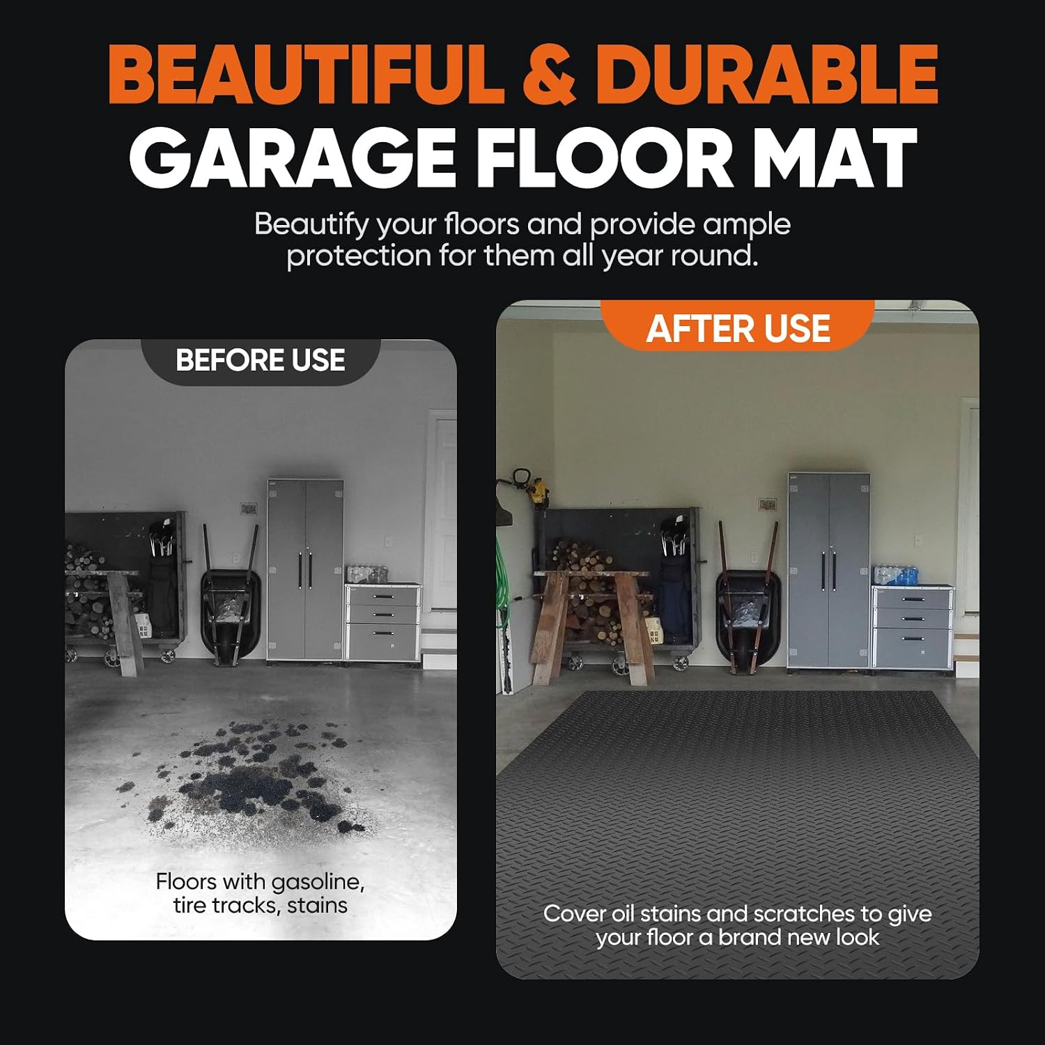 FAHKNS 8.1x21 FT Garage Floor Mat, Diamond Plate PVC Flooring Roll 2.8mm Thickened Garage Mats for Under Car, 170 SQFT Heavy Duty Non-Slip Rubber Floor Parking Mat for Trailer SUV Basement Gym (Black)