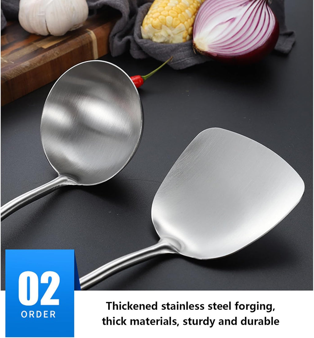 7 PCS Kitchen Cooking Utensils Set Stainless Steel Kitchenware Cookware Set with Holder Metal Kitchen Utensils Set with Wood Heat-Insulated Handle Dishwasher Safe