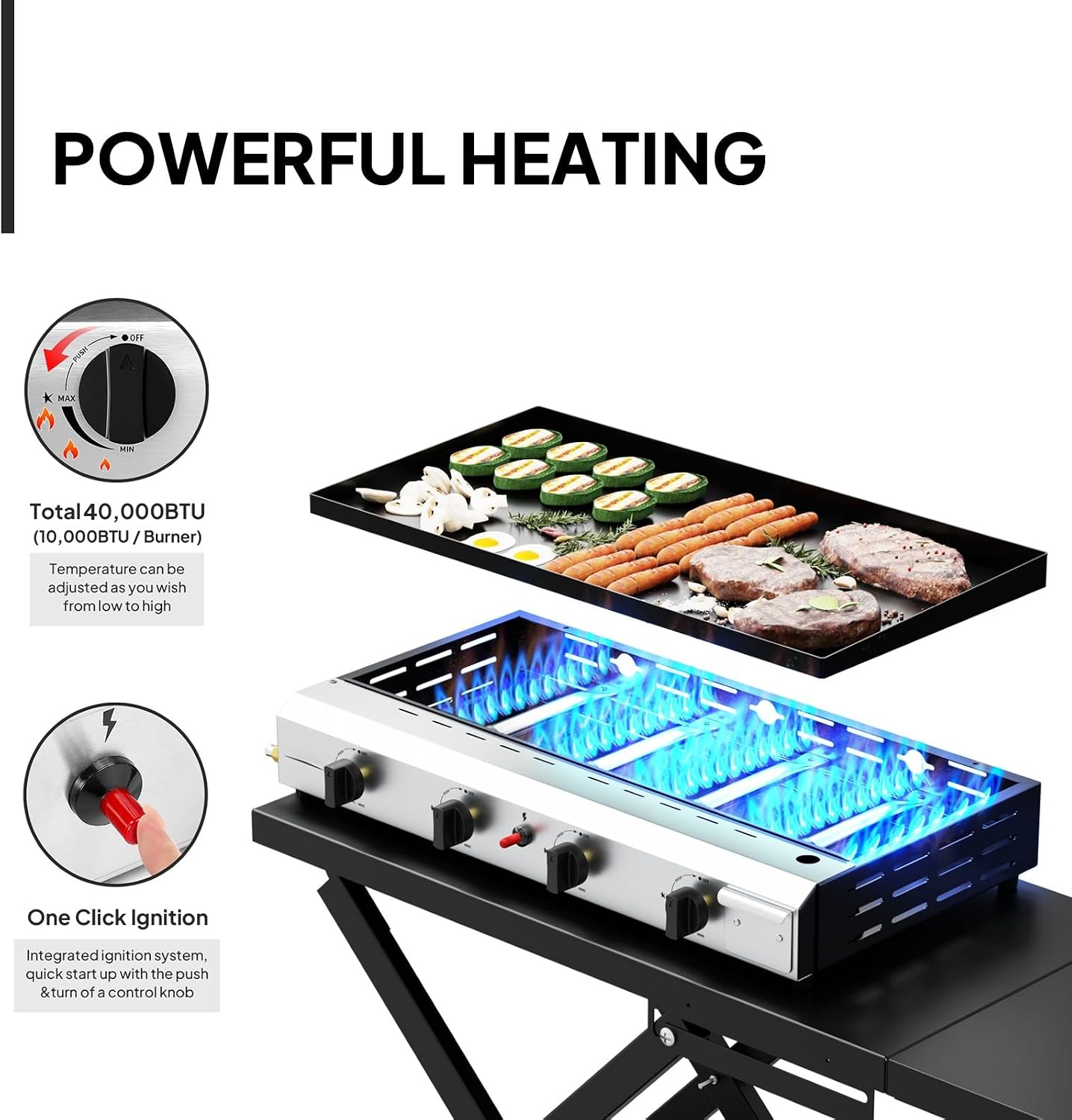 Bonnlo Foldable Flat Top Grill with 4 Burner, Powerful 40,000 BTU Propane Gas Grills with Ignition, Enamel Griddle, Side Shelf & Portable Cart with Wheels for Outdoor Camping Hibachi Grill Use