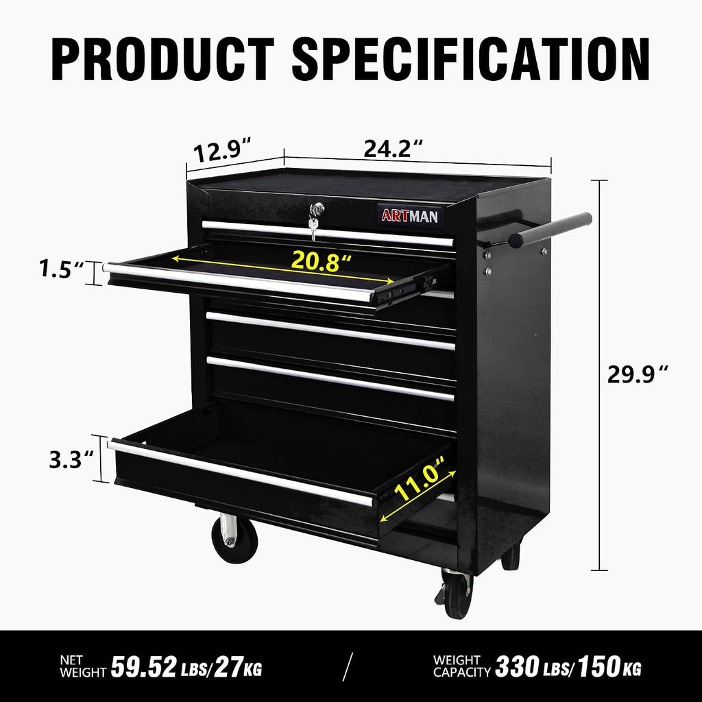 7 Drawers Tool Cart on Wheels, 7 Drawer Rolling Tool Chest with Key Lock, Trolley Organizer Tool Case, Multifunctional Rolling Tool Box for Garage,Warehouse,Workshop,Repair Shop (Black)