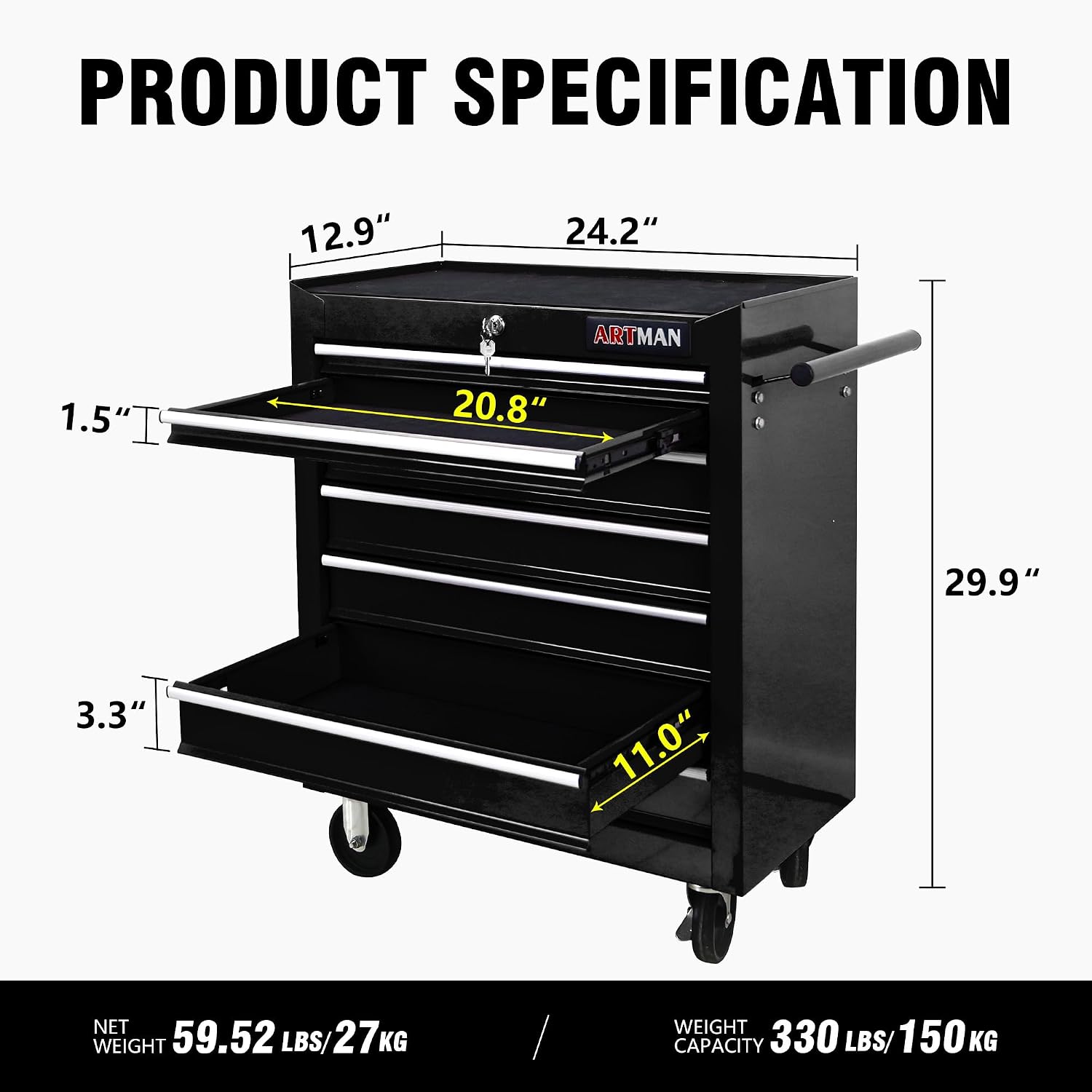 7 Drawers Tool Cart on Wheels, 7 Drawer Rolling Tool Chest with Key Lock, Trolley Organizer Tool Case, Multifunctional Rolling Tool Box for Garage,Warehouse,Workshop,Repair Shop (Black)