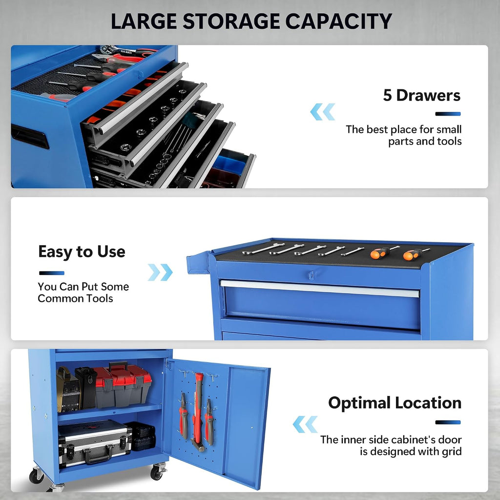 Tool Chest, 5-Drawer Rolling Tool Storage Cabinet with Detachable Top Tool Box, Liner, Universal Lockable Wheels, Adjustable Shelf, Locking Mechanism, Metal Tool Cart for Garage Workshop