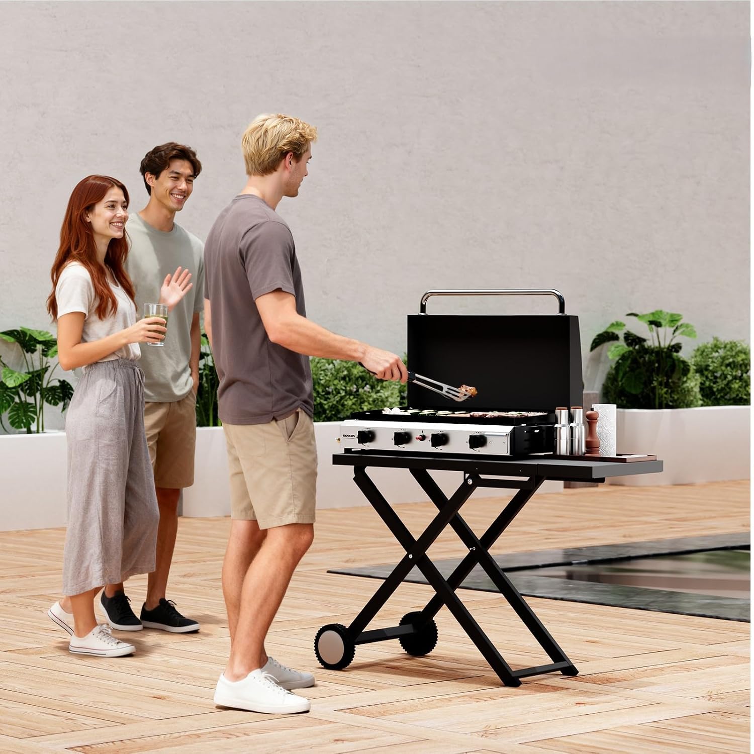 Bonnlo Foldable Flat Top Grill with 4 Burner & Lid, Powerful 40,000 BTU Propane Gas Grills with Ignition, Enamel Griddle, Side Shelf & Portable Cart with Wheels for Outdoor Camping Hibachi Grill Use