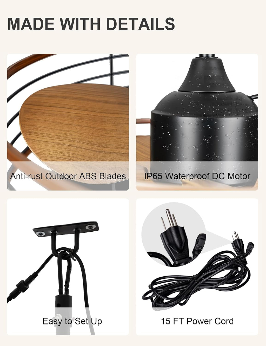 Dawn Whisper 20' Outdoor Ceiling Fans with Lights Gazebo Fan Waterproof for Patio Hanging with Plug In Cord Caged Ceiling Fans for Pergola Porch
