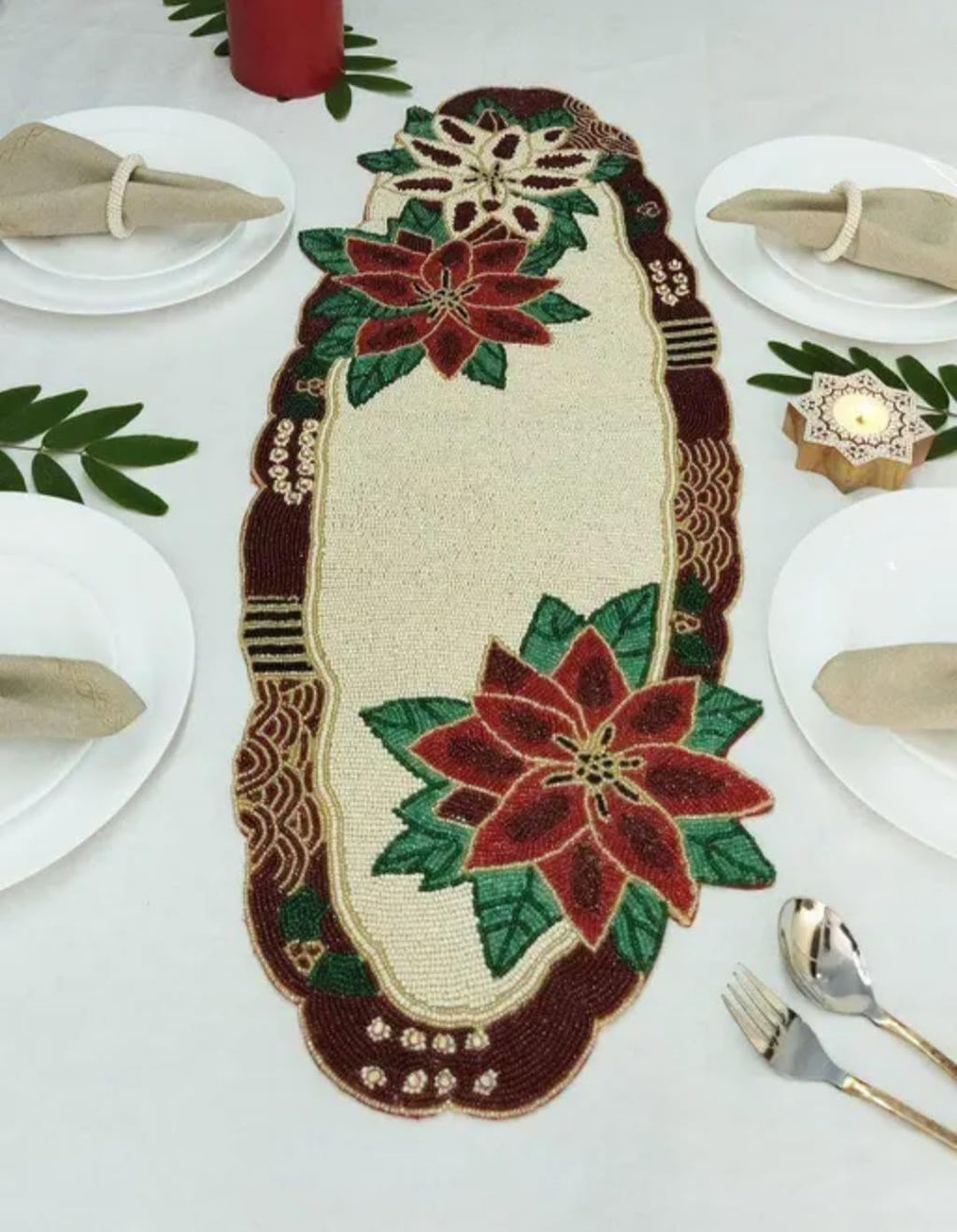 Poinsettia Table Runner, Beaded Design, Christmas Holiday Decor, Cream Brown Red Green