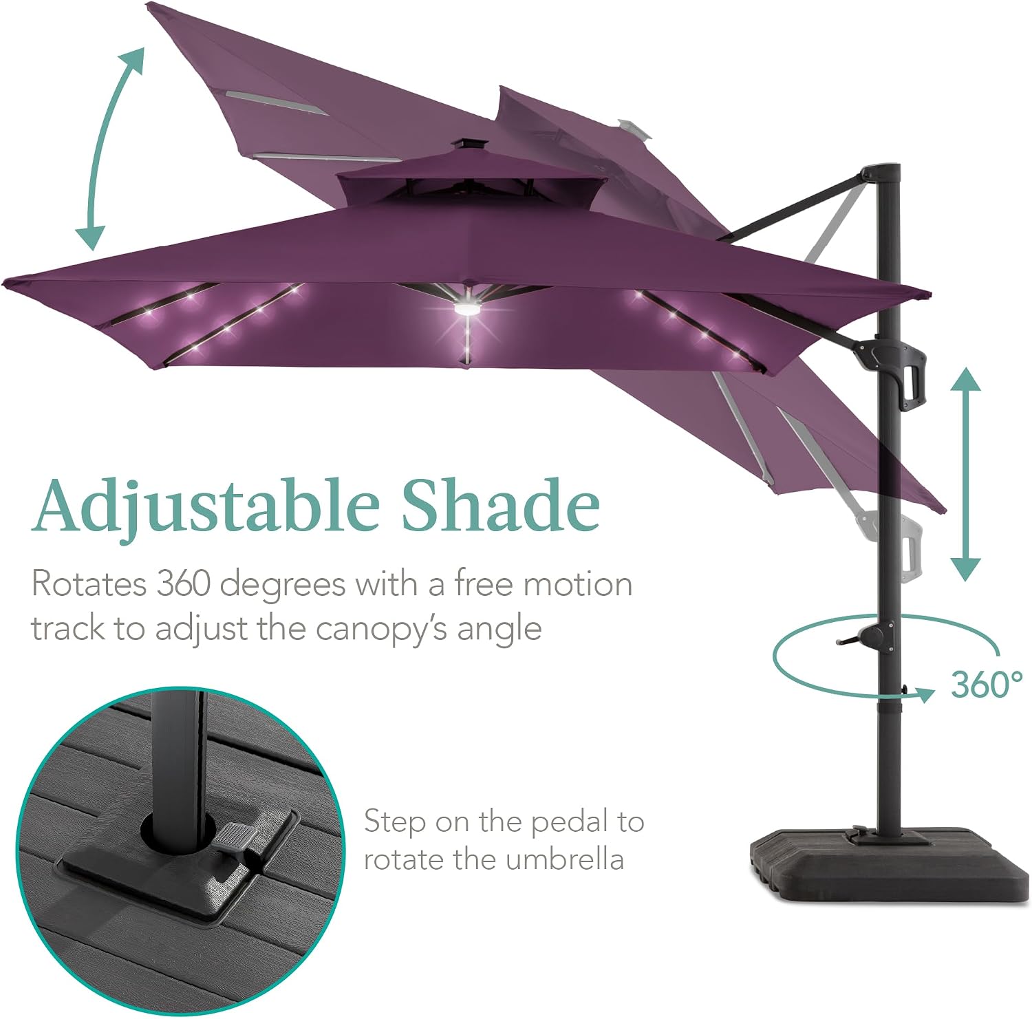 Best Choice Products 10x10ft Cantilever Patio Umbrella w/Base Included, Solar LED Lights 360 Rotation Large Offset Hanging Outdoor Shade for Deck Pool Backyard w/Stand – Amethyst Purple