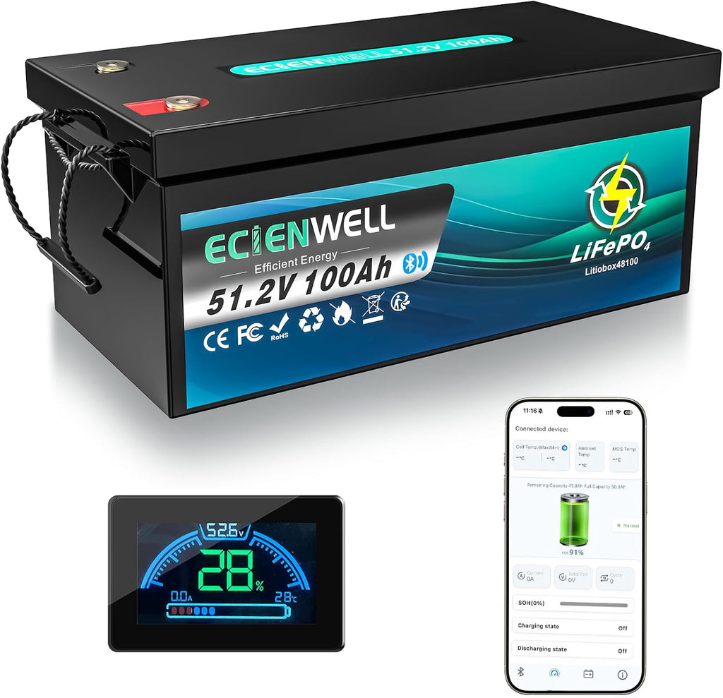 48V(51.2V) 100Ah Golf Cart Lithium LiFePO4 Battery with Bluetooth&APP, 15000+ Deep Cycle Battery with LCD Monitor, EV A+ Rated Cells Batteries with 200A BMS for Golf Cart, Lawn Mower, Solar System, RV