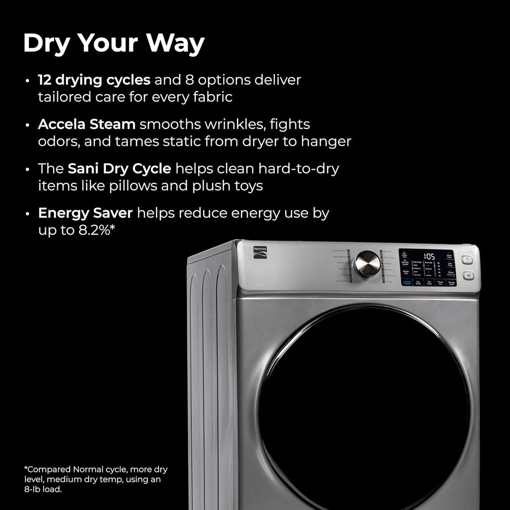 Kenmore 8.0 cu. ft. Front Load Gas Dryer - Wrinkle Guard with Accela Steam to Reduce Static and Odors - Smart Sensor Drying - LED - Metallic Silver