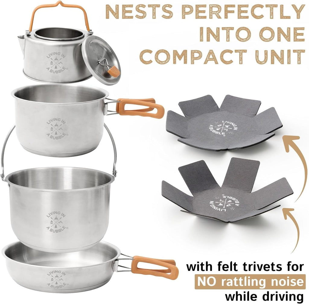 Living in a Bubble Premium 7-Piece Stainless Steel Cooking Set. Tri-layer Bonded Stainless-Steel - Ergonomic Handles with Silicone Sleeve - Compact & Stackable