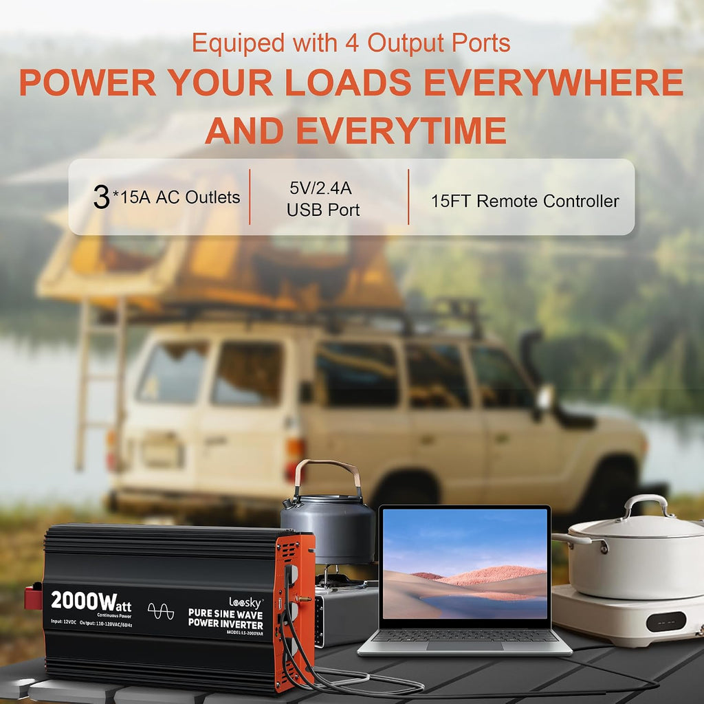 2000 Watt Pure Sine Wave Power Inverter 12v to 110v 120v Built-in UL-Listed Fuse Compatible with Lithium Battery Starlink for Home RV Truck Off-Grid Solar by LEESKY