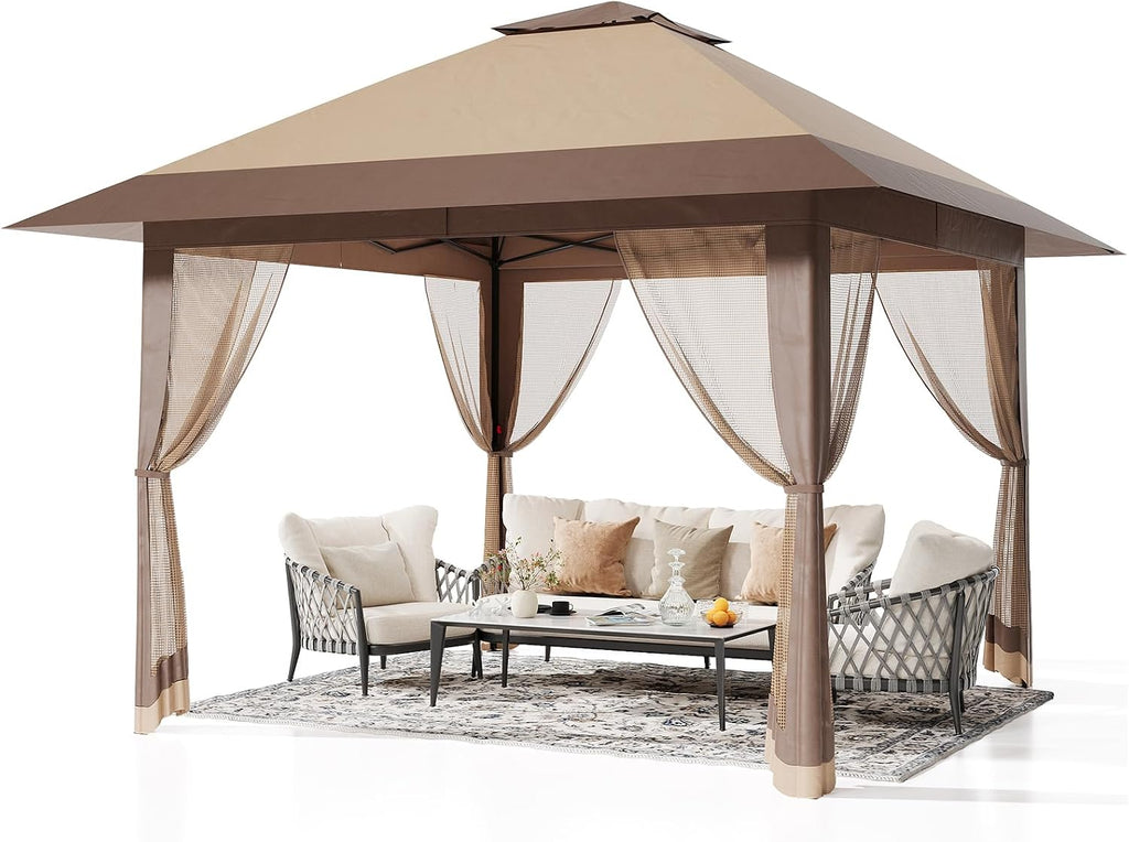 13x13FT Pop-Up Gazebo Canopy Tent - Double Roof, Mosquito Netting, Adjustable Height, UV-Resistant, Heavy Duty, Waterproof, Portable for Patio, Garden, Camping, Party - Khaki + Light Khaki