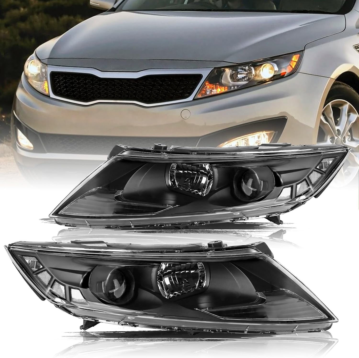 Aosky Compatible With 2011-2013 Kia Optima Headlights Halogen Headlamp Assembly Black Housing with Clear Reflector Driver and Passenger Side