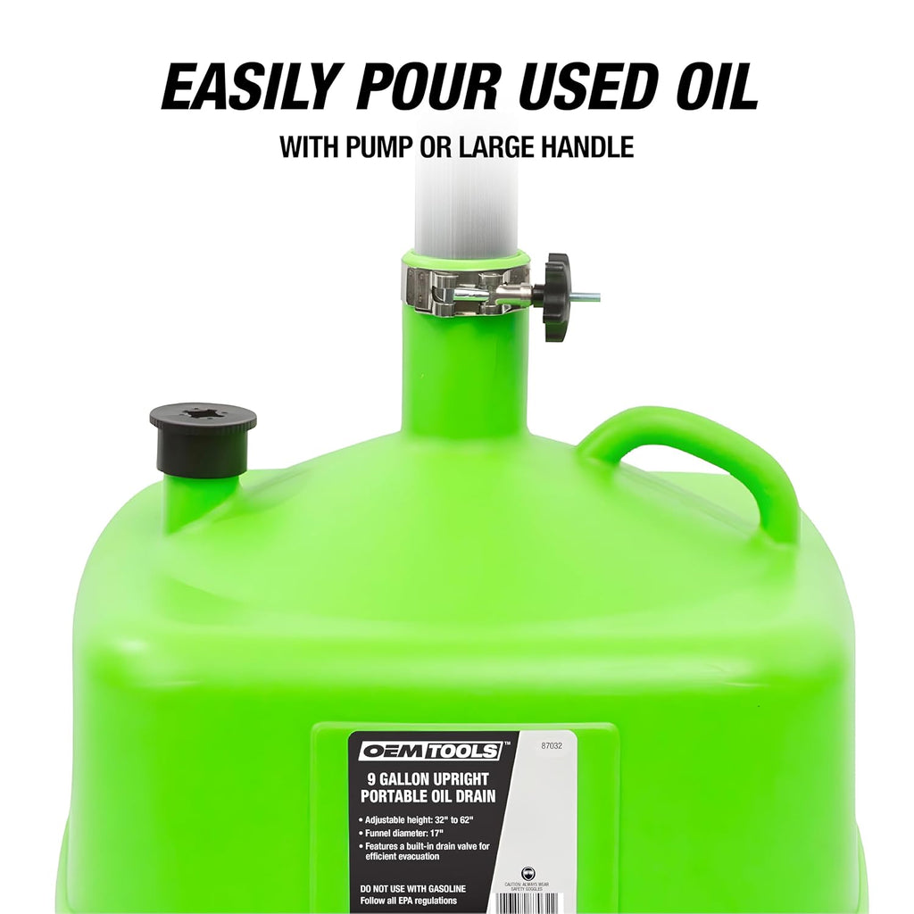 OEMTOOLS 9-Gallon Oil Drain Pan with Adjustable Funnel, Built in Tool Rack