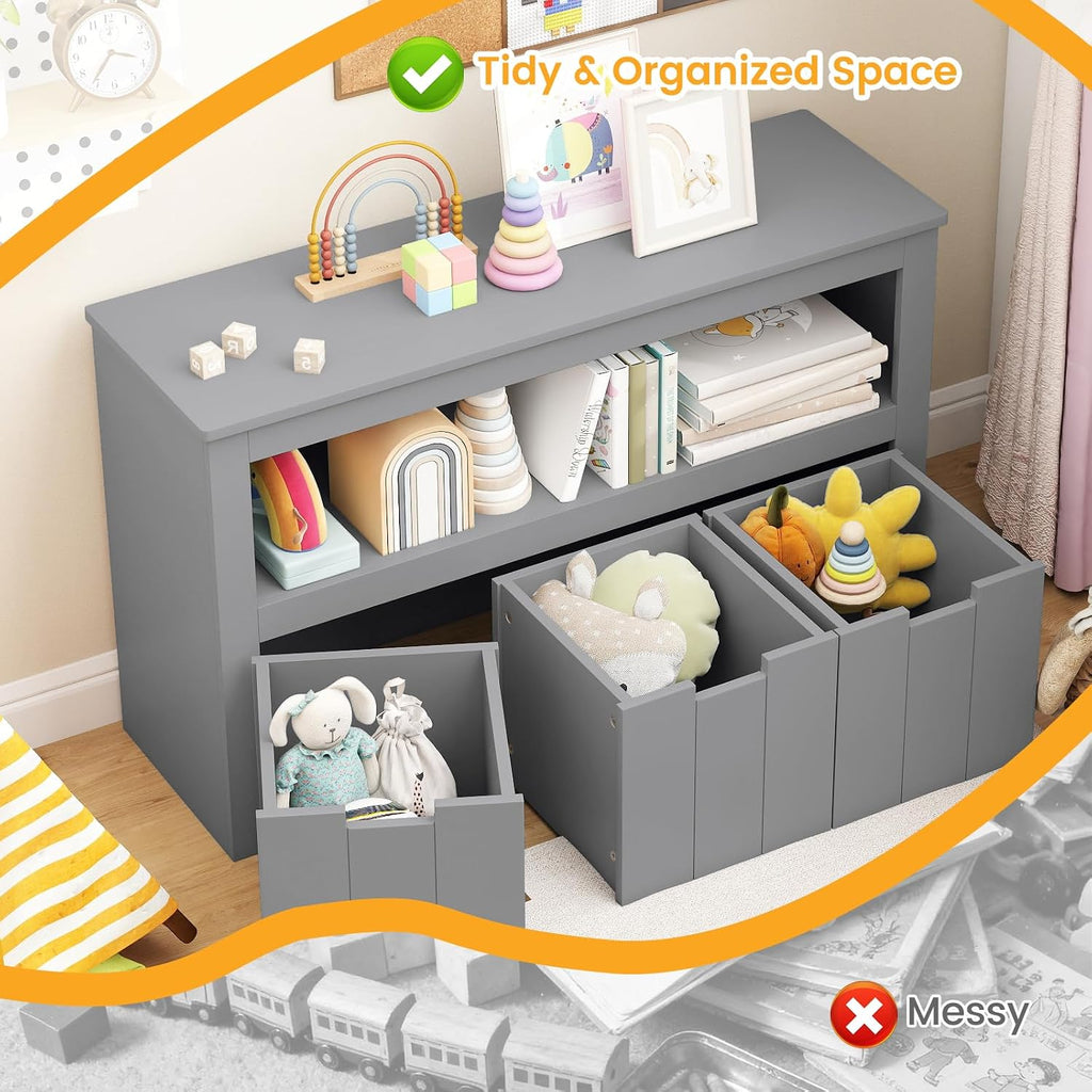 HONEY JOY Kids Toy Storage Organizer, Children Daycare Shelf, 3 Wooden Toy Box w/Wheels, Toddler Classroom Display Cabinet for Playroom, Nursery, Kindergarten (Gray)