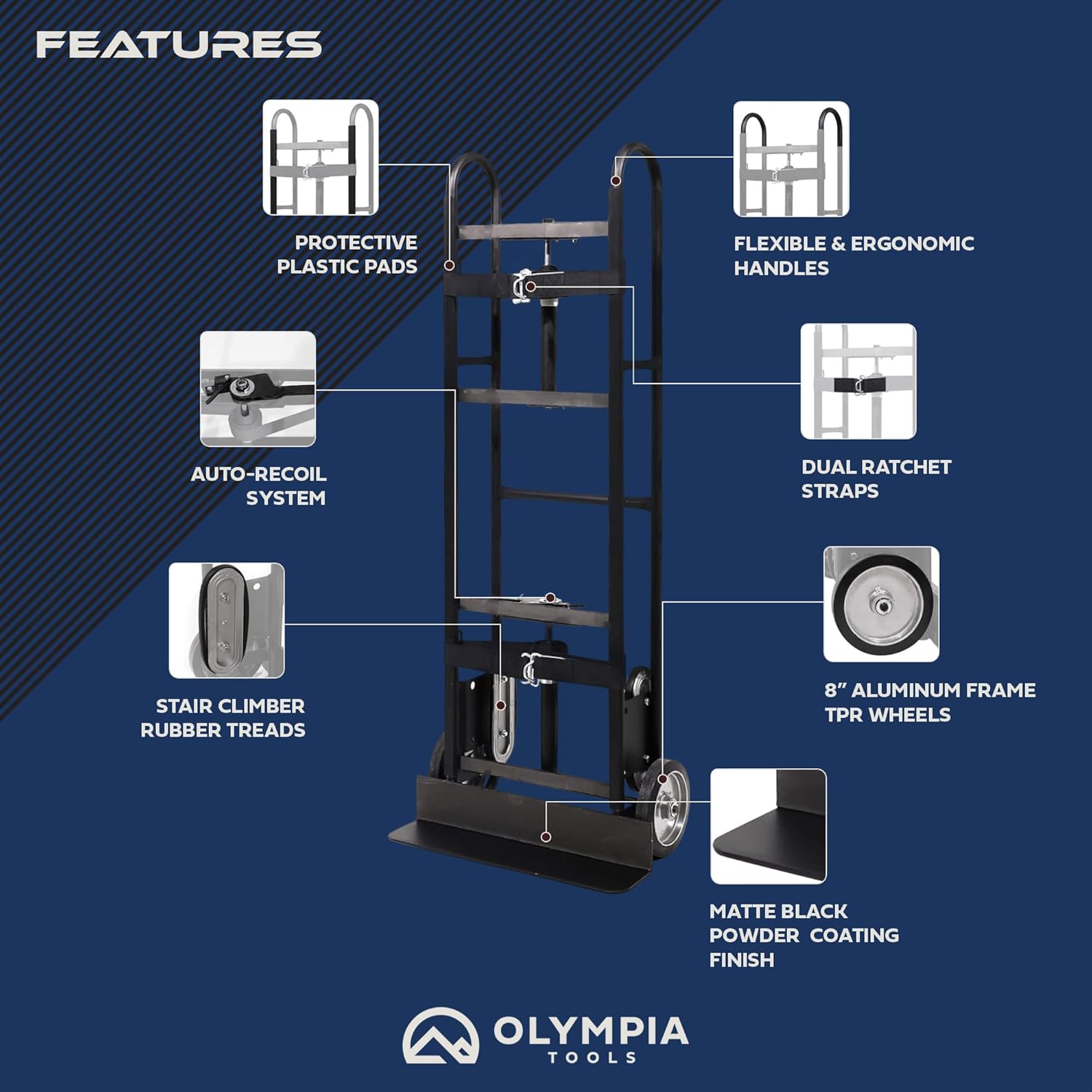 Olympia Tools 800LB Auto-Recoil Appliance Hand Truck - Moving Hand Truck with Easy-to-use Belt Tightener for Transport Large/Bulky Appliances Refrigerator Dolly - Heavy-Duty Furniture Dolly Trolley