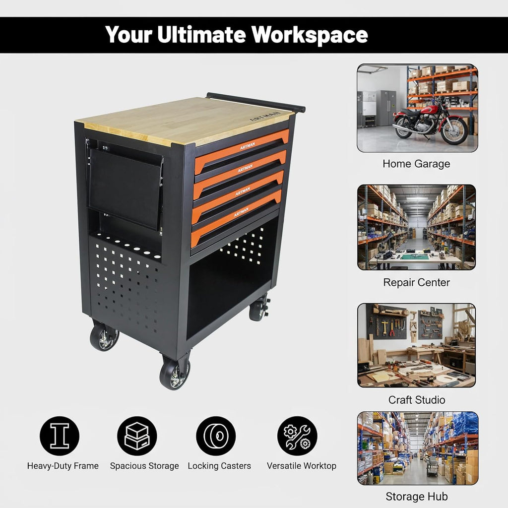 JOYBASE Rolling Tool Chest with 4 Drawers & Wood Top, Heavy Duty Steel Tool Cart on Wheels, Mobile Garage Organizer & Storage Cabinet for Workshop & Mechanic (Black & Orange)