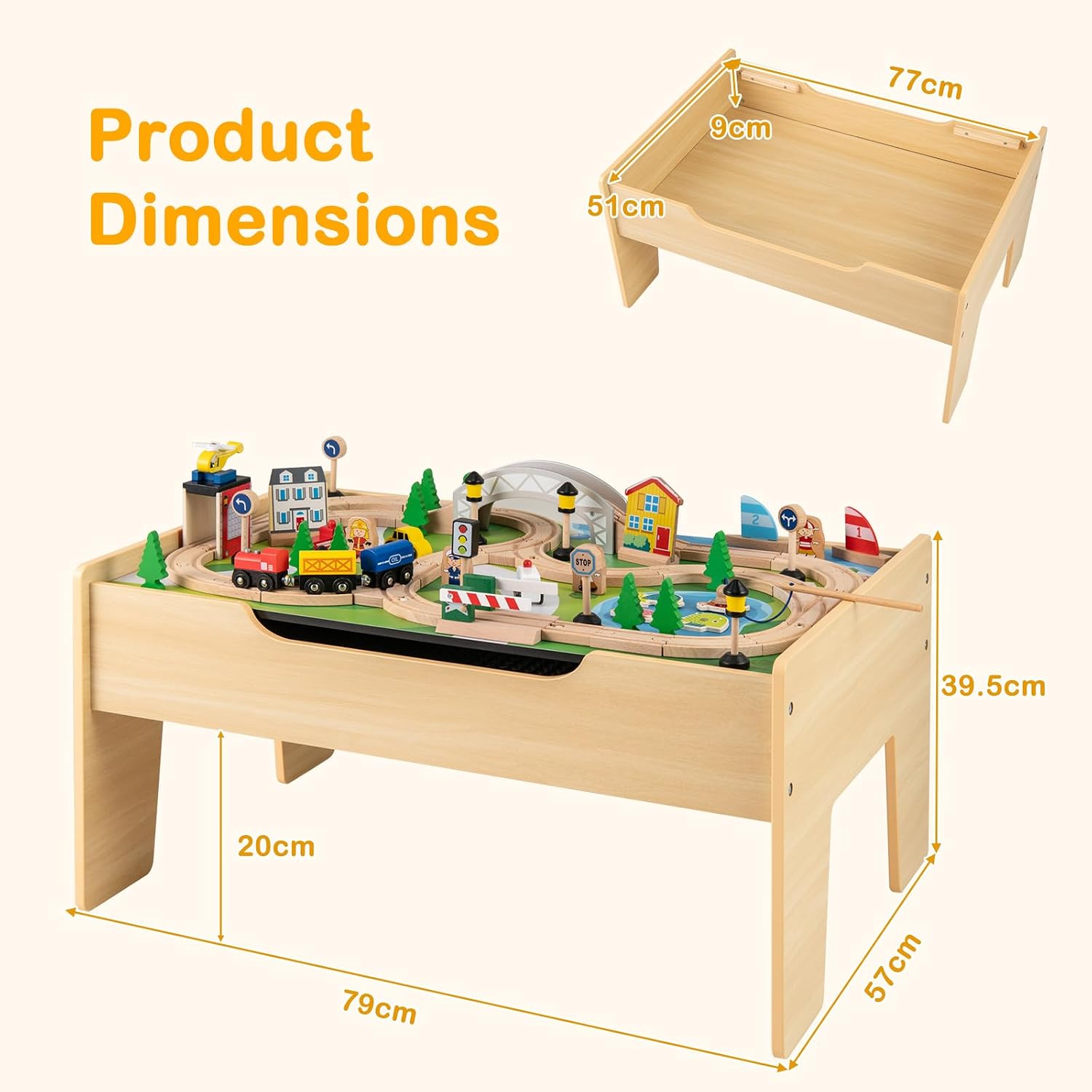 INFANS Train Table with Storage, 78 Pieces Wooden Kids Activity Toy Table Playset with Reversible Detachable Tabletop, Tracks, Train, Railway, City, Gift for Toddler Boys Girls Ages 3+