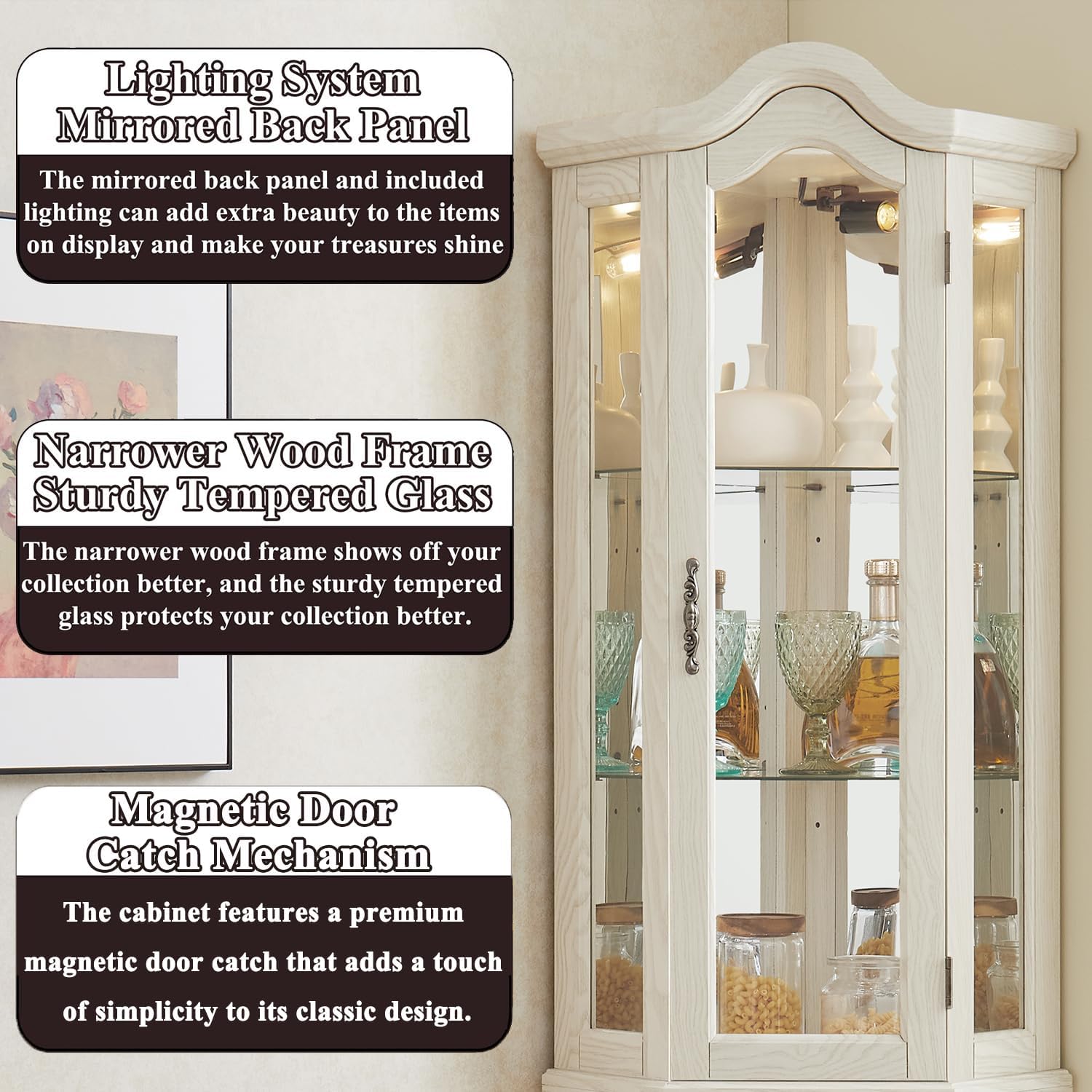 70'H Lighted Corner Display Cabinet, 5-Tier Wooden Curio Glass Cabinet with Adjustable Shelves, Carved Crown Corner Storage Display Case with Mirrored Back Pane for Living Room (Antique White)