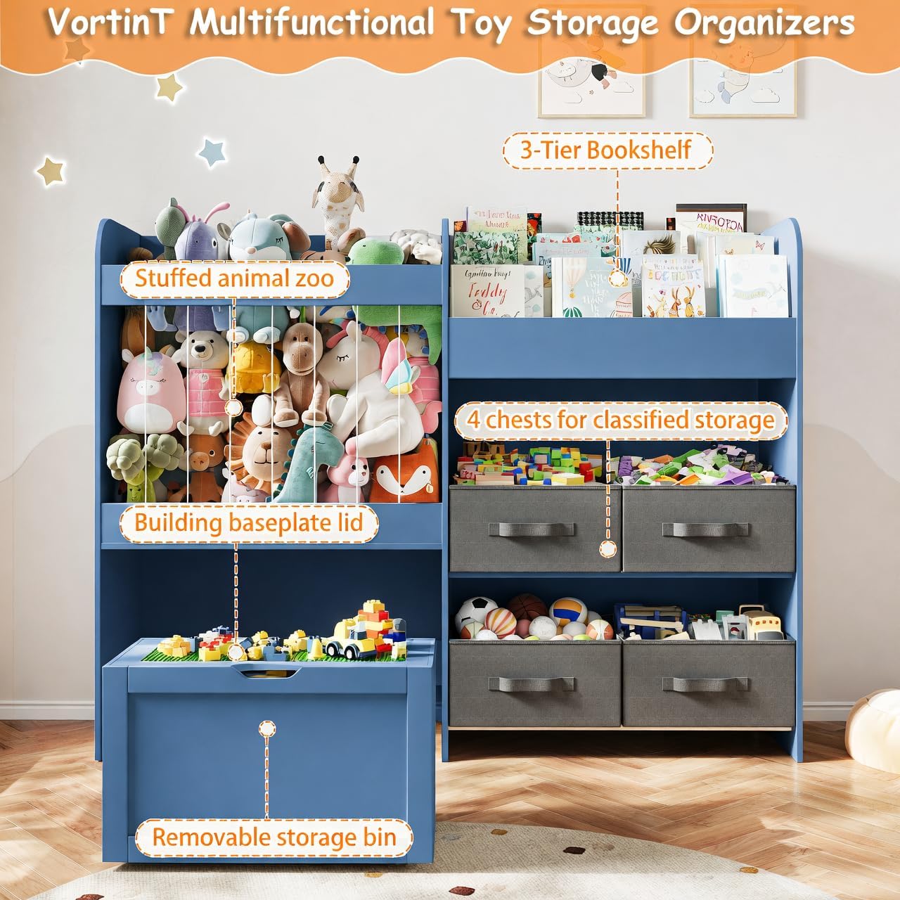 51.1' W Toy Storage Organizer with Stuffed Animal Storage, Kids Bookshelf with 4 Removable Bins, Movable Toy Box with Buildable Baseplate Lid Compatible with Lego Bricks, Ideal for Kids Room Playroom