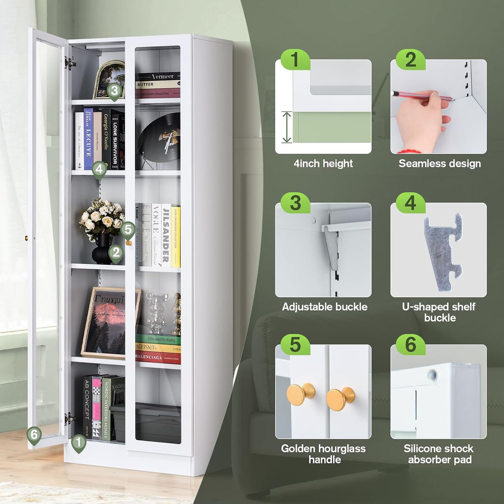 IRONMIX Modern Display Cabinet with Doors, Curio Cabinet with 4 Adjustable Shelves, 5-Tier Display Case, 71' Tall Display Shlef for Living Room, Tall Bookcase for Home Office (23.5 W, White)