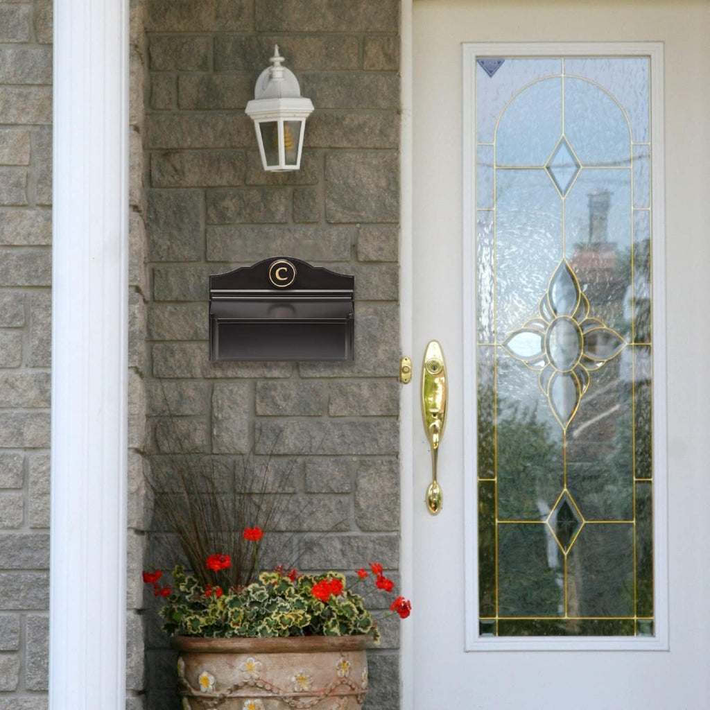 Whitehall Custom Wall Mount Mailbox Package - Mail Box with Monogram, Sand Cast Aluminum, Classic Design Black Personalized in Goldtone