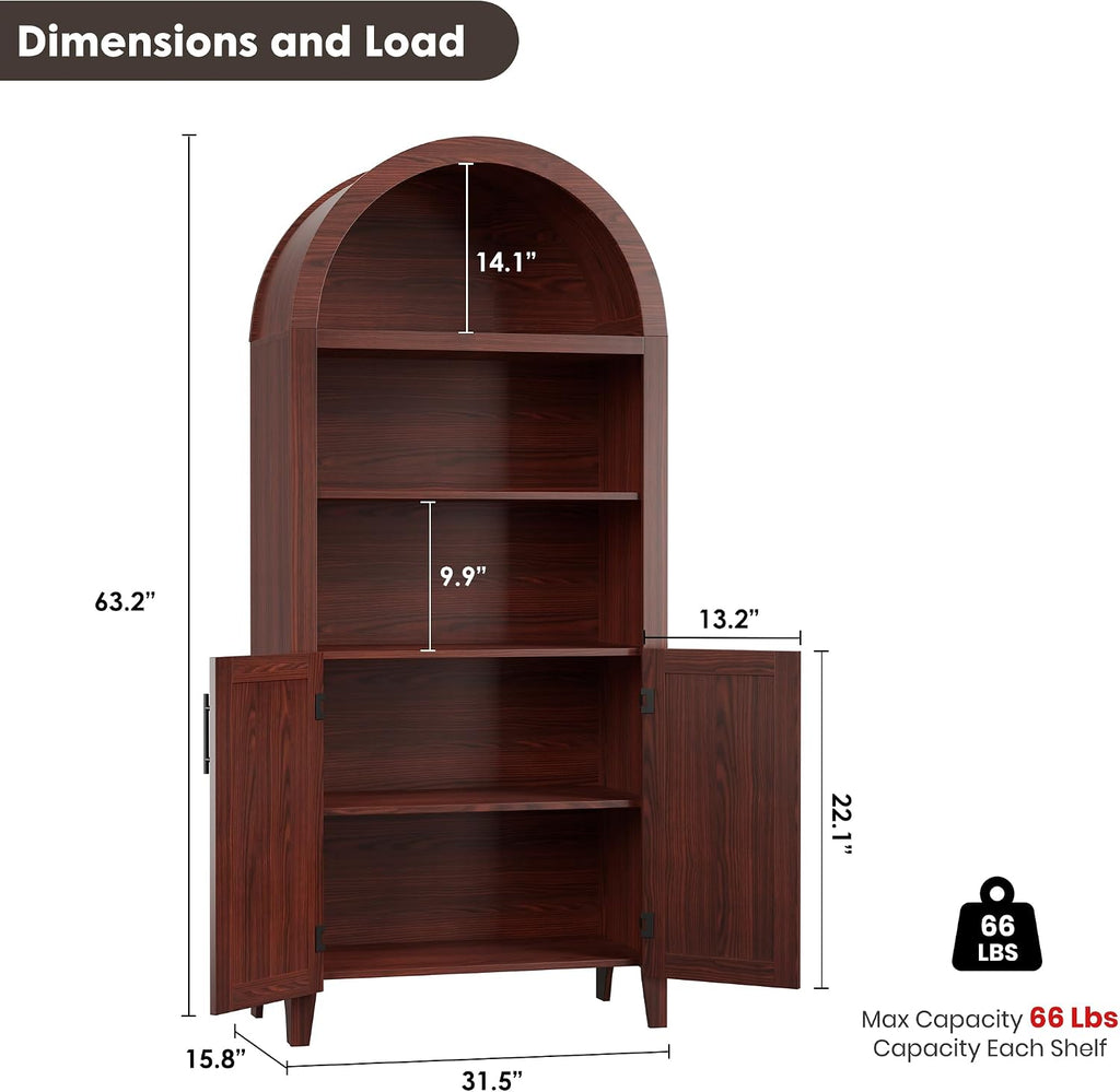 IDEALHOUSE Arched Kitchen Pantry Cabinet with Doors - 5-Tier Open Display Shelf with Nice Texture, Farmhouse Storage Cabinet for Kitchen, Dining Room, Living Room, Walnut