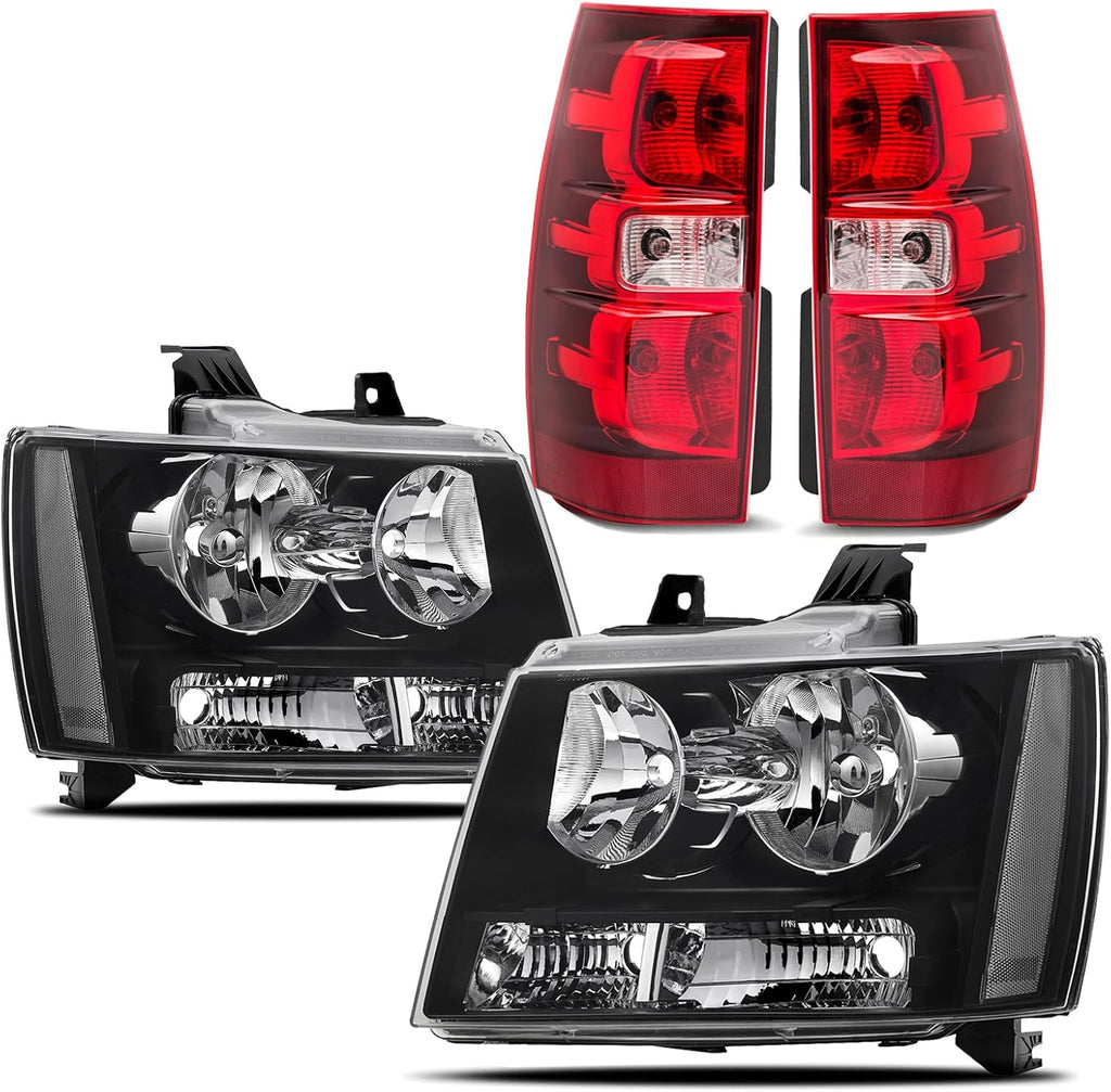 Headlights w/ Tail Lights Assembly Kits compatible with 2007 2008 2009 2010 2011 2012 2013 Chevy Tahoe Suburban, Black Housing Headlamp+Red Taillights Rear Brake Lamp Set