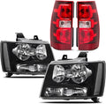 Headlights w/ Tail Lights Assembly Kits compatible with 2007 2008 2009 2010 2011 2012 2013 Chevy Tahoe Suburban, Black Housing Headlamp+Red Taillights Rear Brake Lamp Set