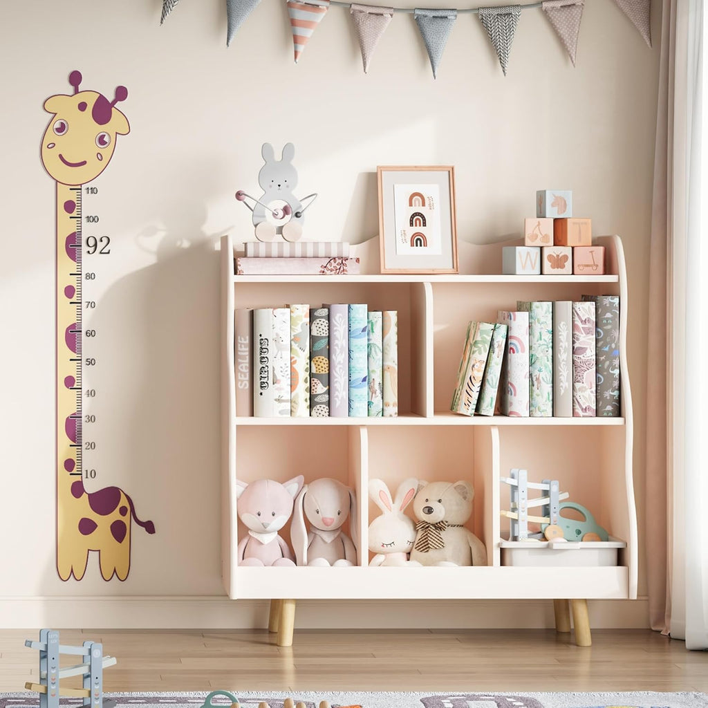 Treocho Kids Bookshelf and Toy Storage Orangizer, 3-Tier Wooden Children's Bookcase with Curve Design, 5 Cubbies Toy Storage Cabinet Display with Legs for Children's Room, Playroom, School, Pink