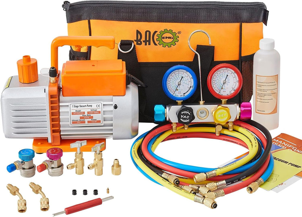 BACOENG R32 AC Vacuum Pump and Gauge Set, 5 CFM HVAC Vacuum Pump and 4-Way Manifold Gauge Kit for AUTO/Mini Split System, Sparkless Vacuum Pump for R32 R410a R134a R22 Refrigerants