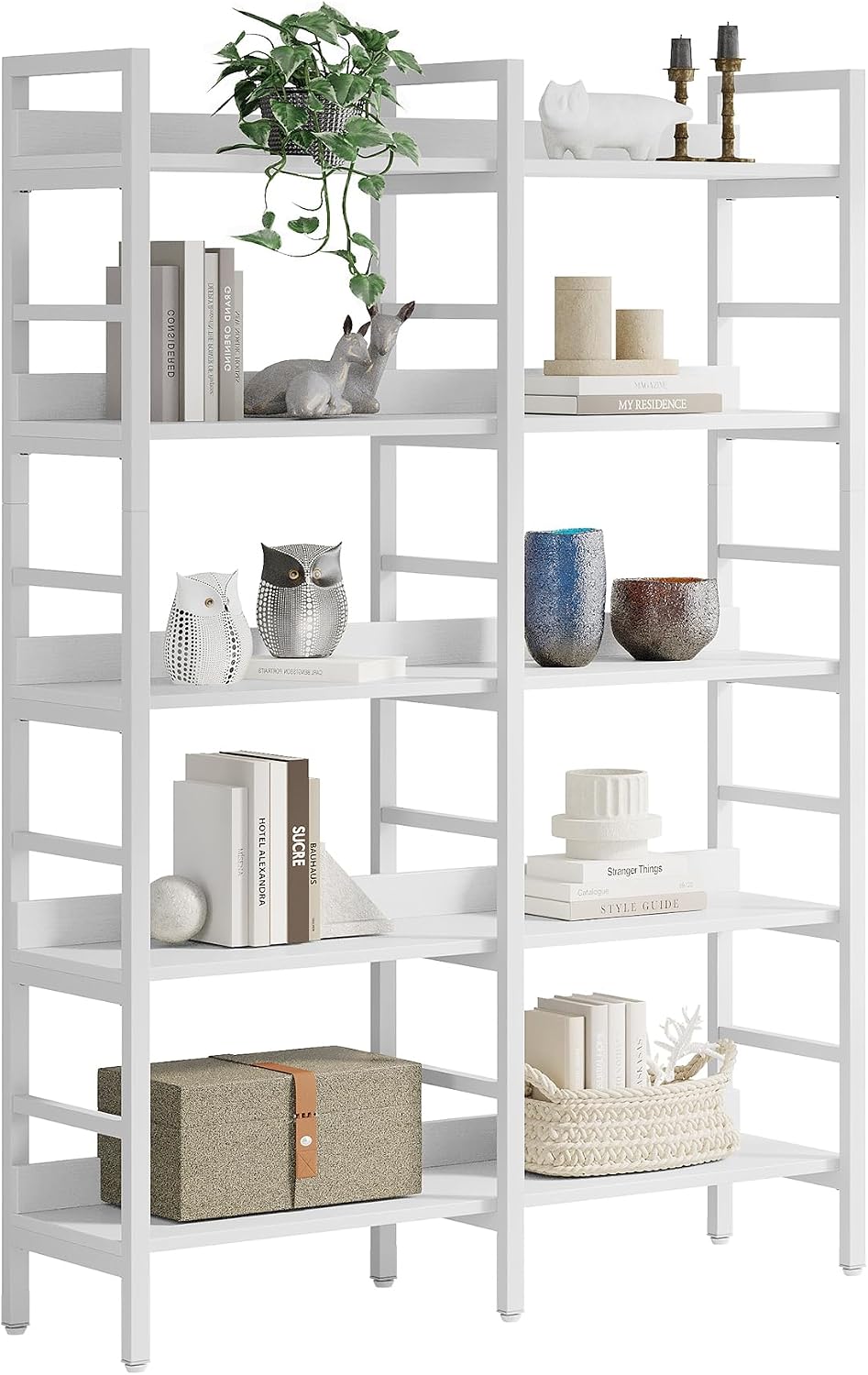 Tribesigns 5-Tier Industrial Bookshelf, 71'H x 47'W Etagere Bookcase, Freestanding Double Wide Book Shelf for Storage and Display, Wood and Metal Bookshelves for Living Room Home Office, White