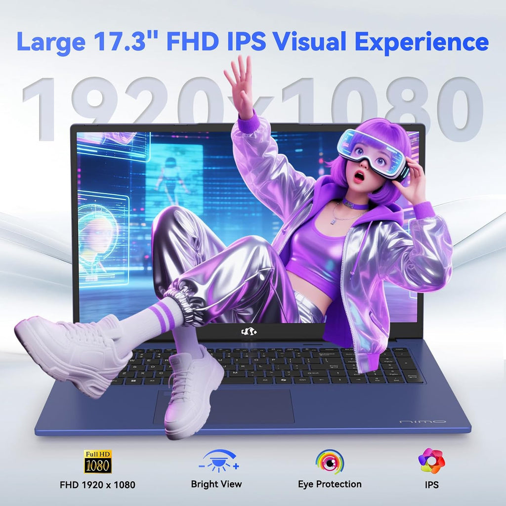NIMO 17.3' Laptop, AMD Ryzen 7 7735HS (8C/16T, up to 4.75GHz), 16GB DDR5 RAM, 512GB PCIe 4.0 SSD, 100W PD Fast Charging, FHD Anti-Glare Display, Fingerprint, Backlit KB w/Numpad, WiFi 6, Win 11