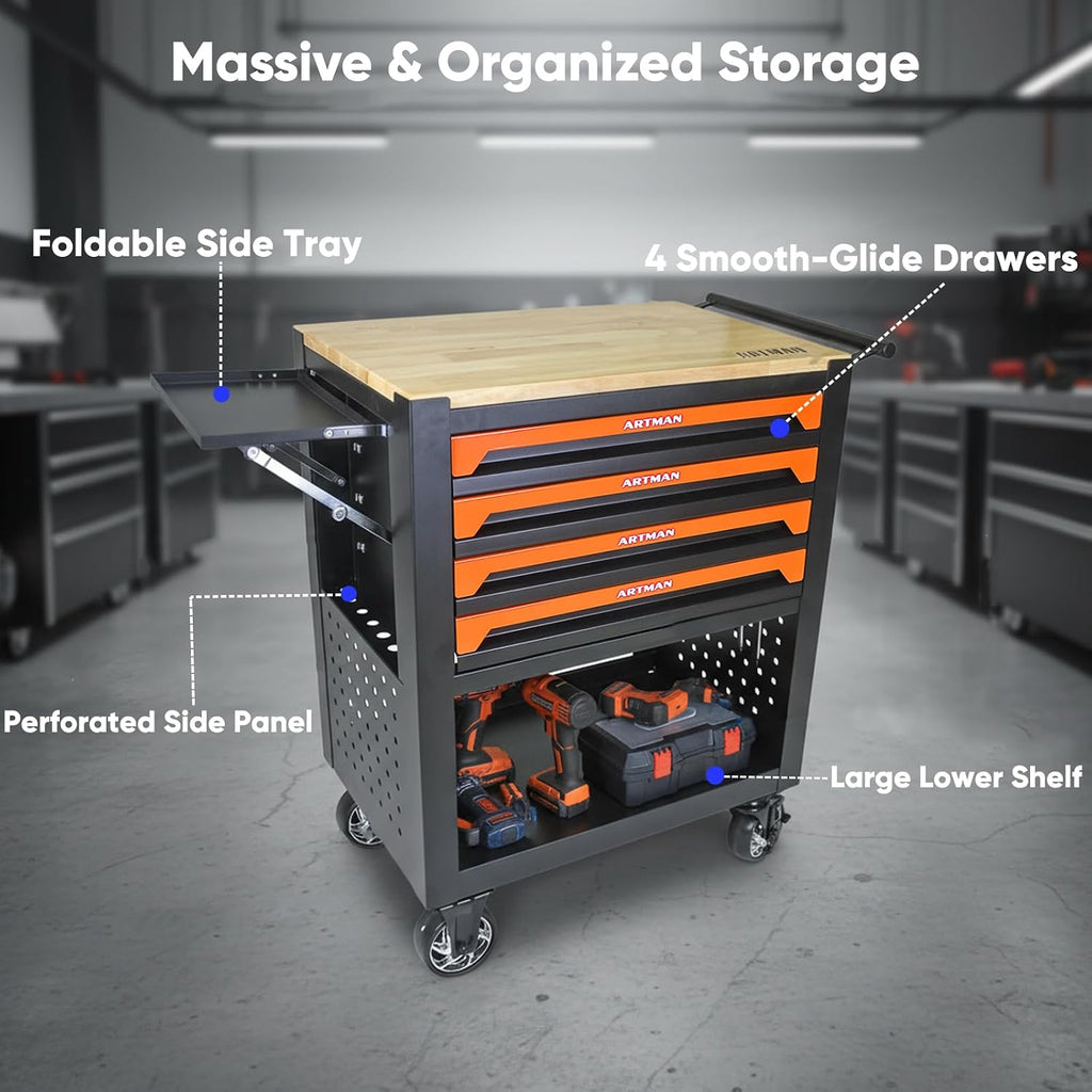 JOYBASE Rolling Tool Chest with 4 Drawers & Wood Top, Heavy Duty Steel Tool Cart on Wheels, Mobile Garage Organizer & Storage Cabinet for Workshop & Mechanic (Black & Orange)