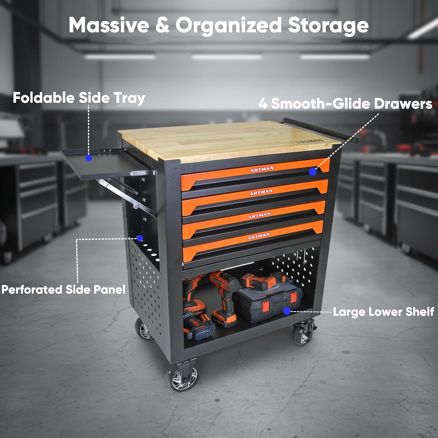 JOYBASE Rolling Tool Chest with 4 Drawers & Wood Top, Heavy Duty Steel Tool Cart on Wheels, Mobile Garage Organizer & Storage Cabinet for Workshop & Mechanic (Black & Orange)