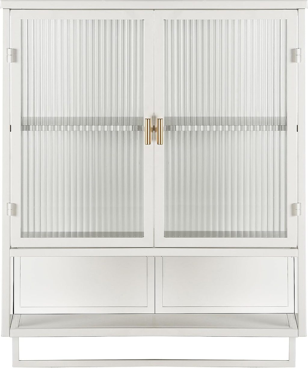 Retro Style Haze Double Glass Door Wall Cabinet with Detachable Shelves for Office, Dining Room,Living Room, Kitchen and Bathroom Mint White