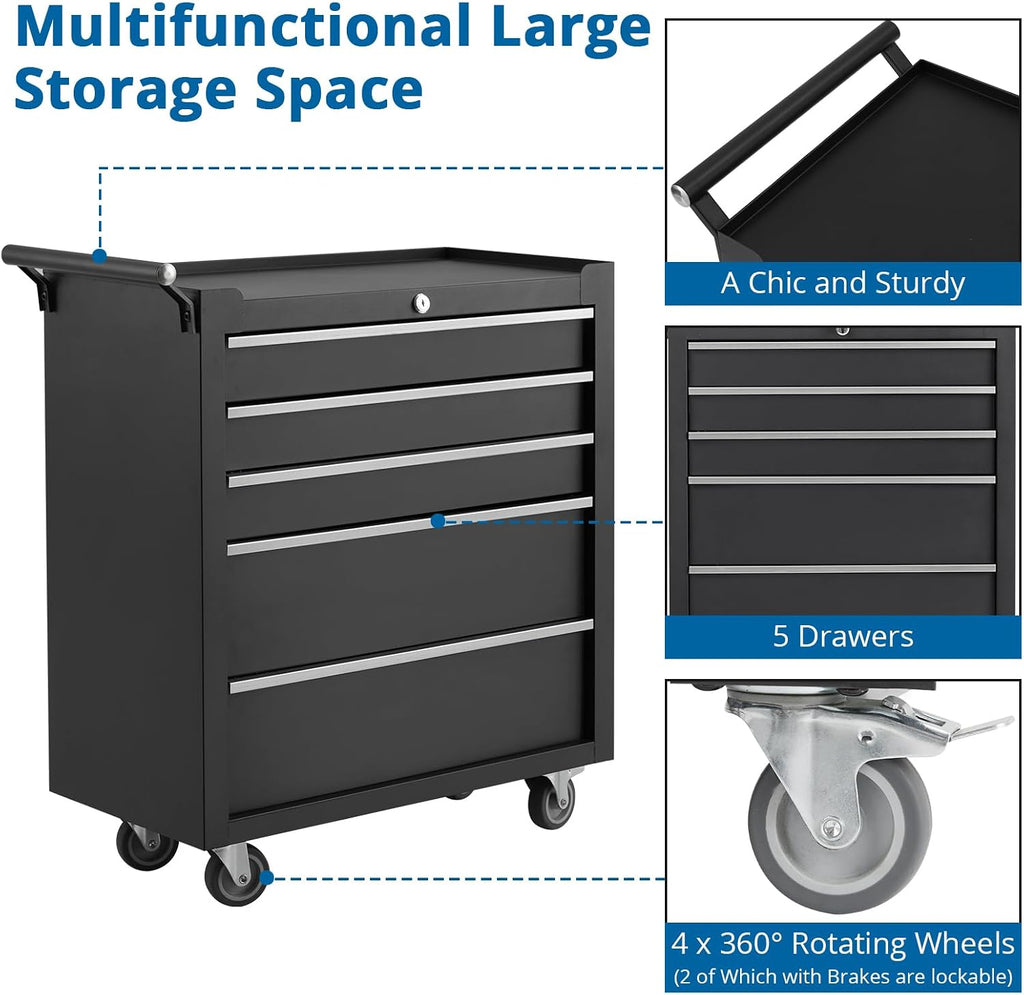 OUTLANE Heavy Duty 5 Drawers Tool Storage Cabinet, Rolling Tool Chest with Lockable Wheels, Side Handle, Portable Tool Cabinet Organizer for Warehouse, Workshop & Repair Shop